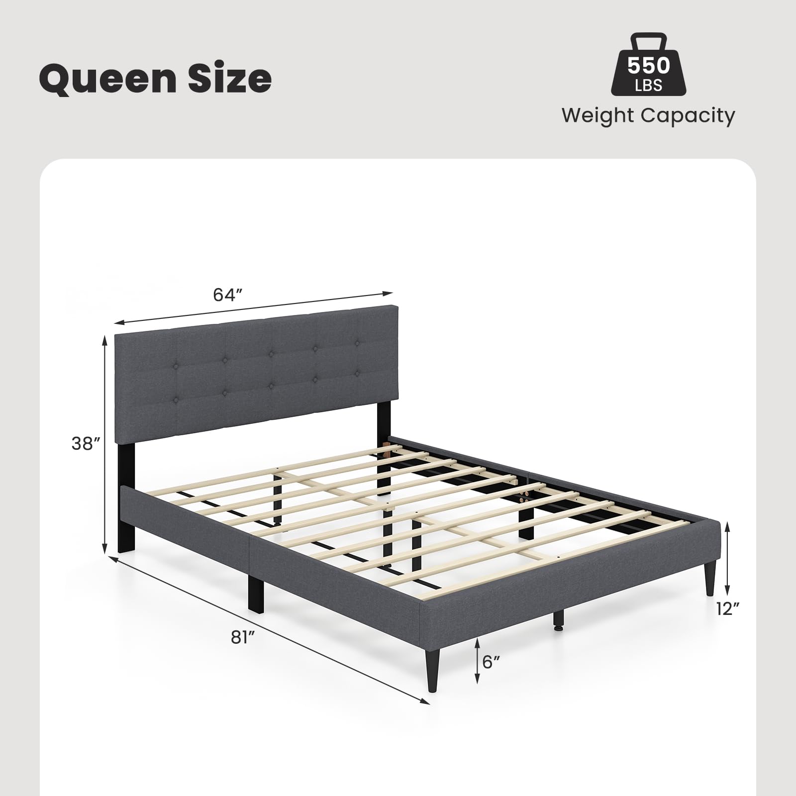 Twin/Queen Size Upholstered Platform Bed Frame with Button Tufted Linen Fabric Headboard