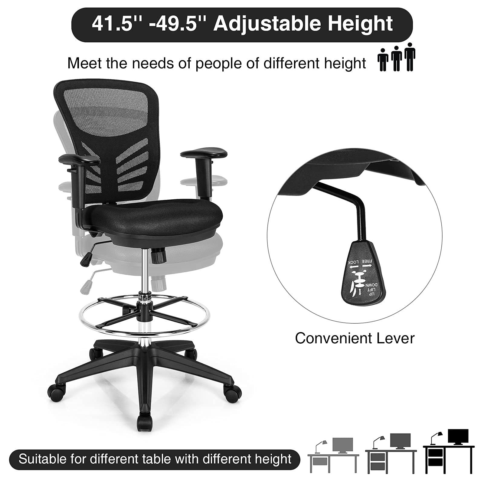 Drafting Chair, Standing Desk Chair with Lumbar Support, Footrest Ring & Armrests