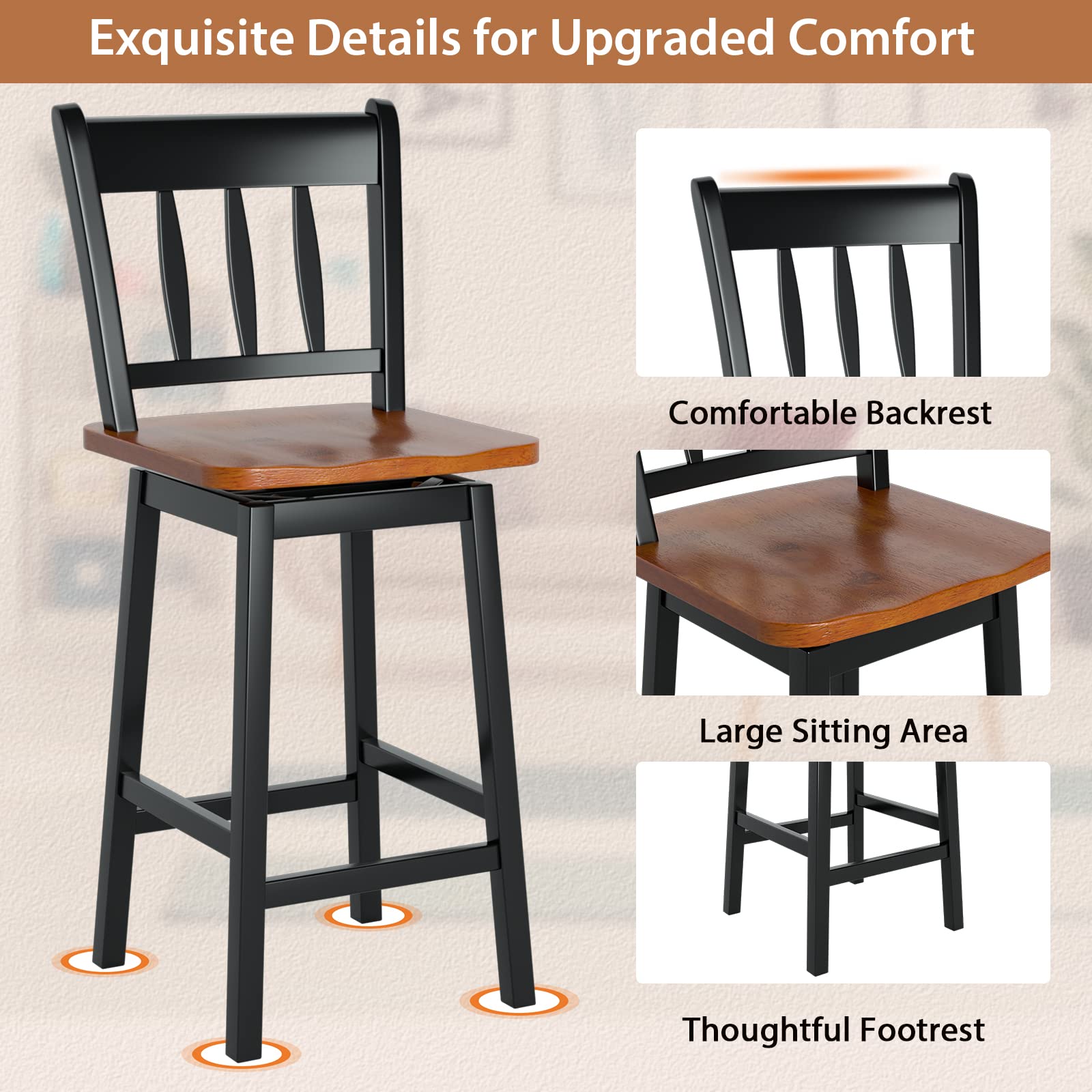 24.5 Inch Solid Rubber Wood Bar Stools Set of 2/4 with 360 &deg;Swiveling, Footrest
