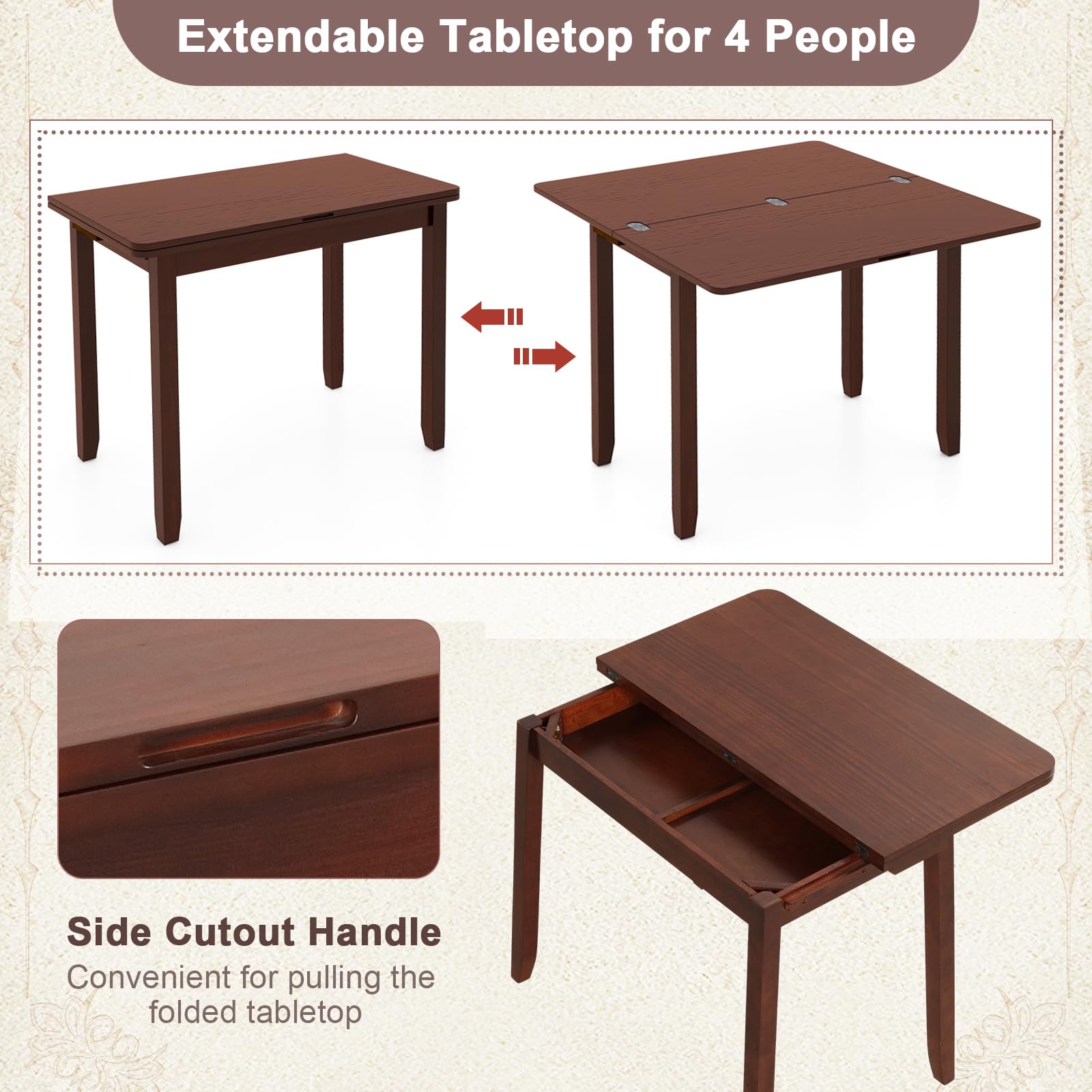 Folding Dining Table for 4, Extendable Kitchen Table w/Hidden Storage & Rubber Wood Frame