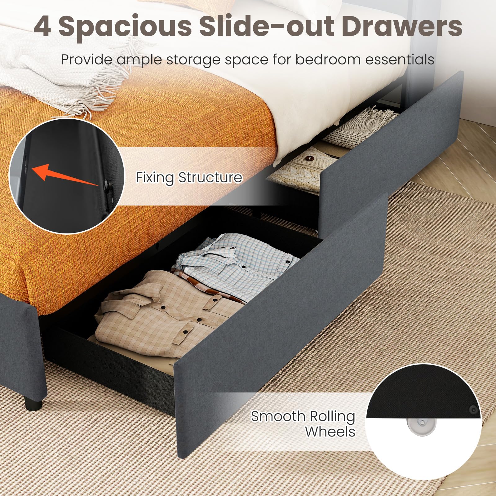 Upholstered Bed Frame with 4 Storage Drawers & LED Lights, Wingback Headboard & Charging Station
