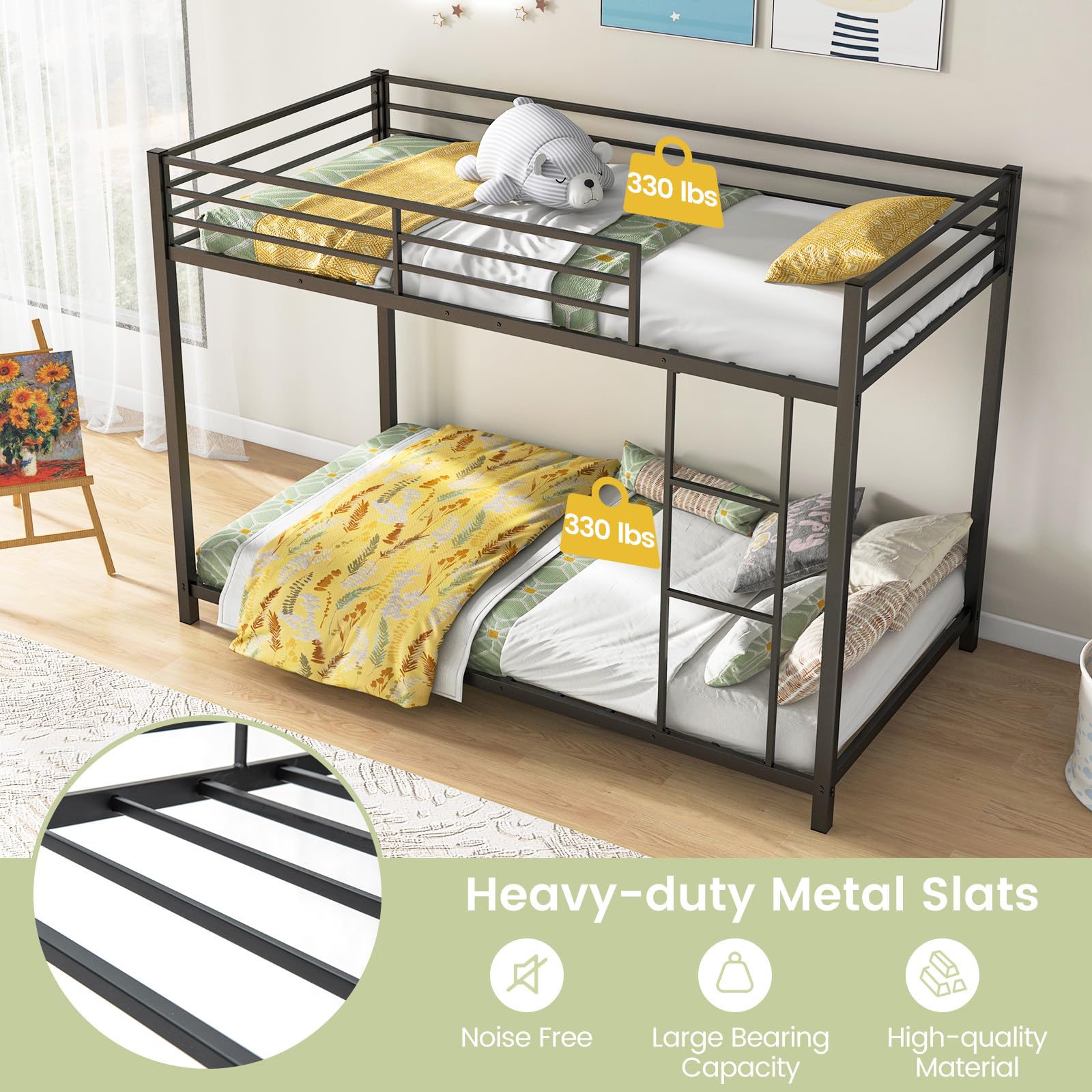 Twin Over Twin Metal Low Floor Bunk Bed with Safety Guard Rail & Ladder