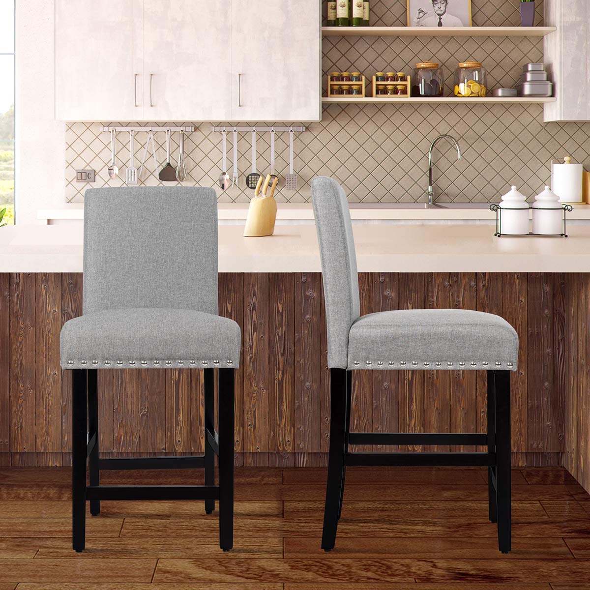 Bar Stools Set of 2/4, 25'' Counter Height Upholstered Bar Chairs w/ Rubber Wood Legs, Breathable Linen Fabric, Padded Seat & Backrest