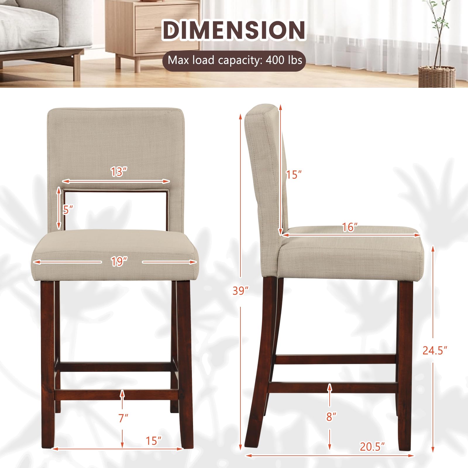 24.5" Counter Height Bar Stools Set of 2, Linen Barstools with Back, Rubber Wood Legs