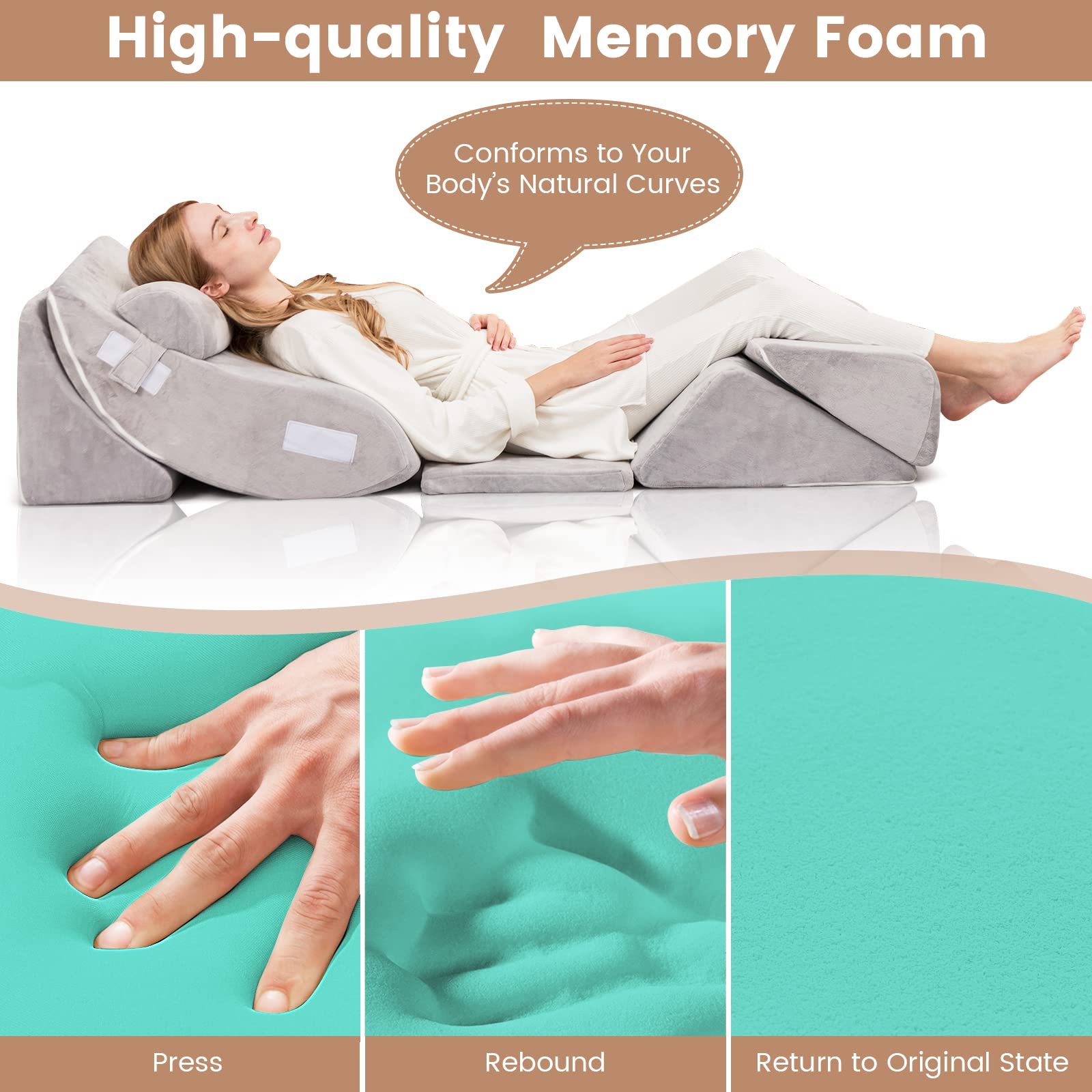 6PCS Orthopedic Bed Wedge Pillow Set, Adjustable Pillows for Neck, Back and Leg Pain Relief