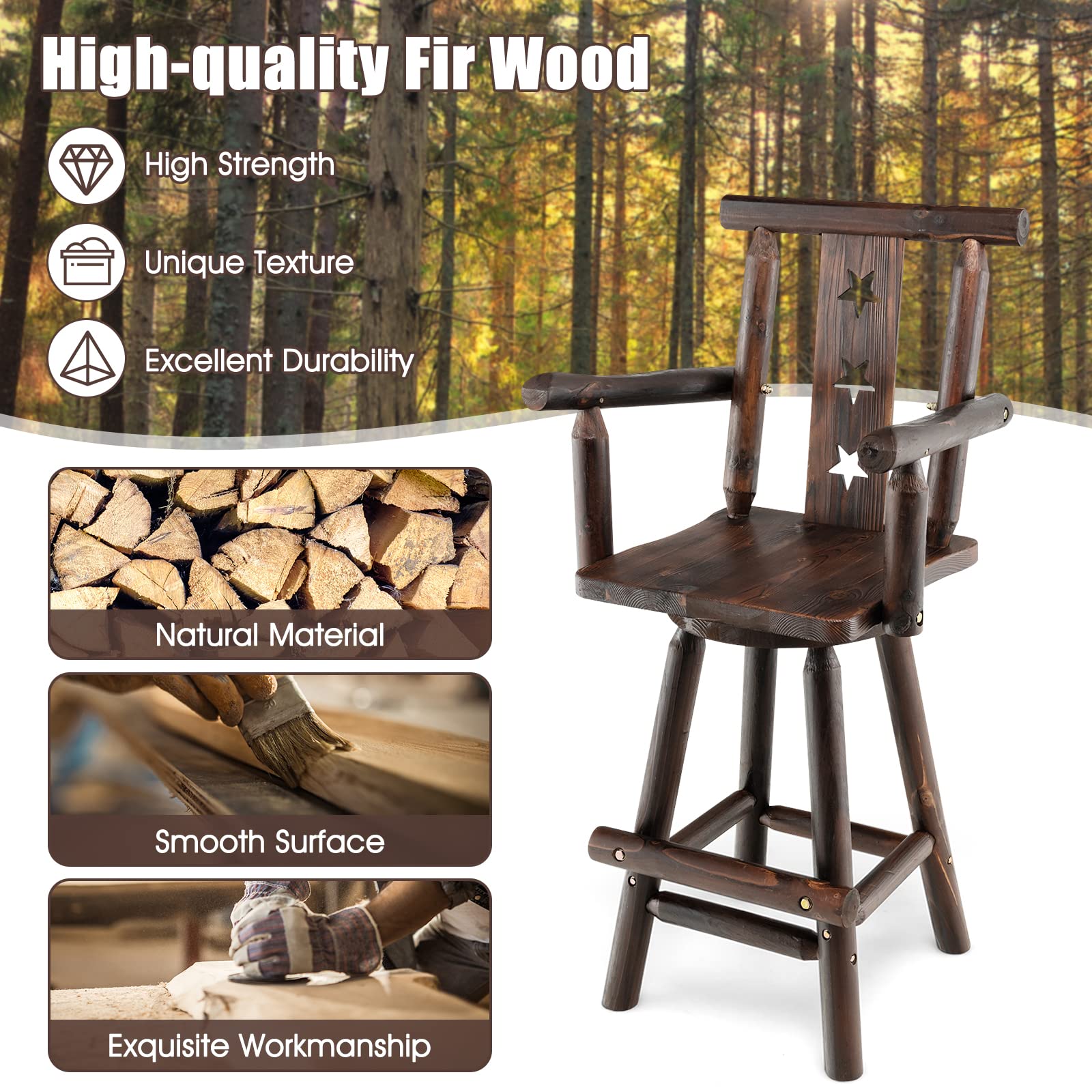 360&deg; Swivel Wood Bar Stools Set of 2 with Footrest, Decorative Star Backrest, Wide Armrest