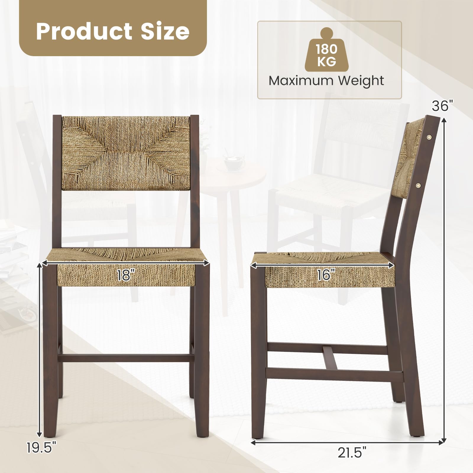 Rattan Dining Chairs Set of 2/4, Farmhouse Cane Side Chairs w/Woven Seaweed Backrest & Seat