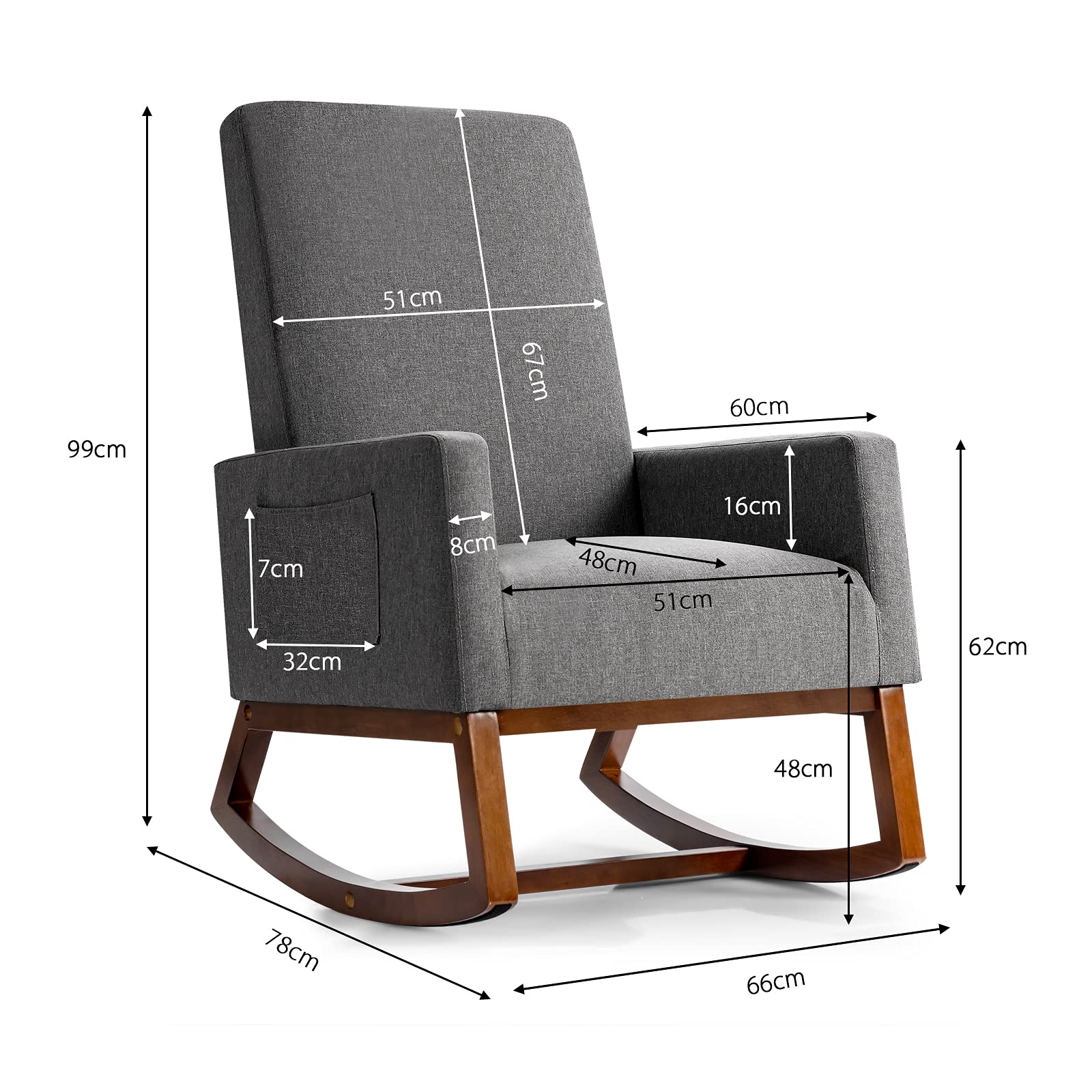 Rocking Chair, High Back Upholstered Lounge Armchair w/Side Pocket