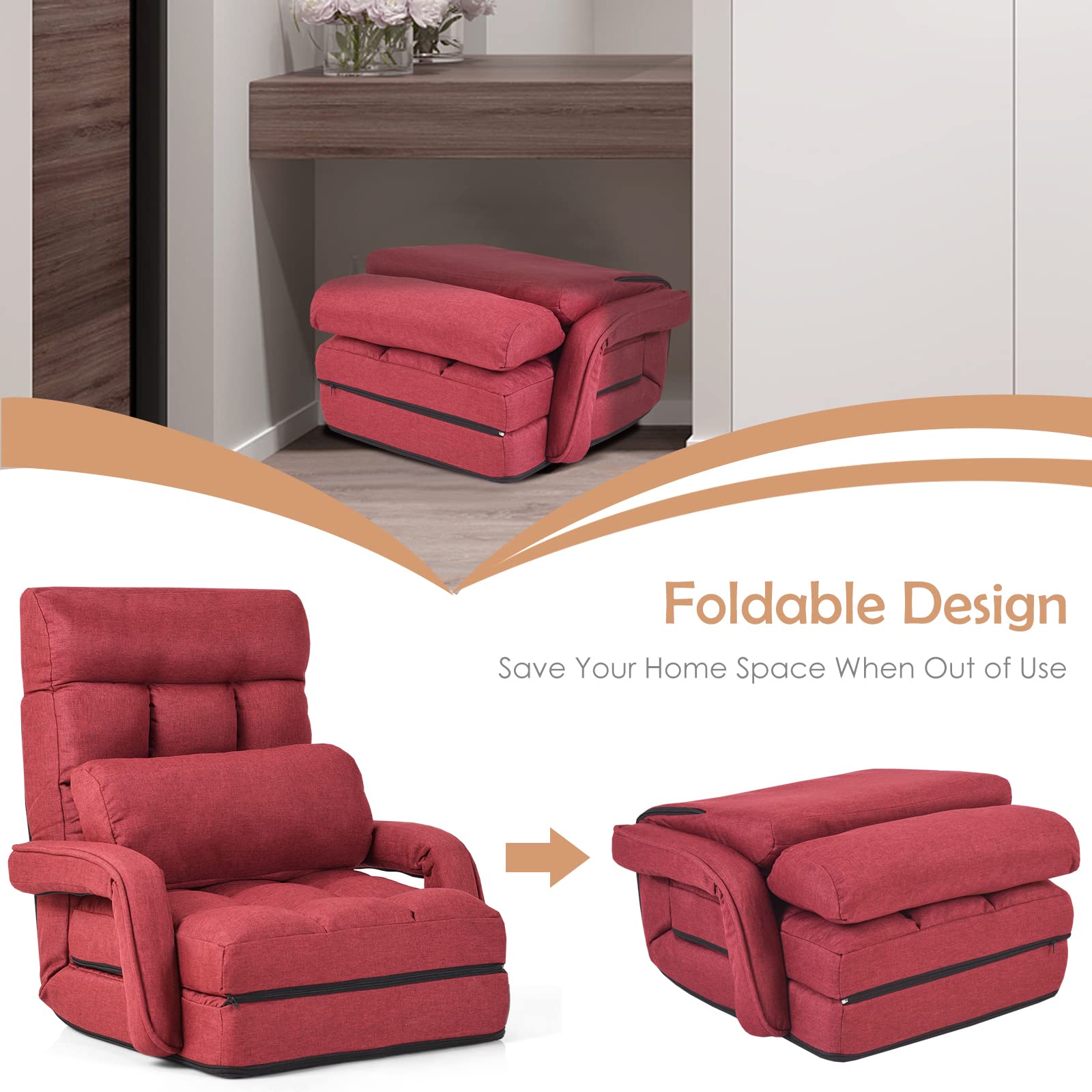 Adjustable Floor Chair, Folding Lazy Sofa Chair with 5 Positions, Detachable Seat Cushion