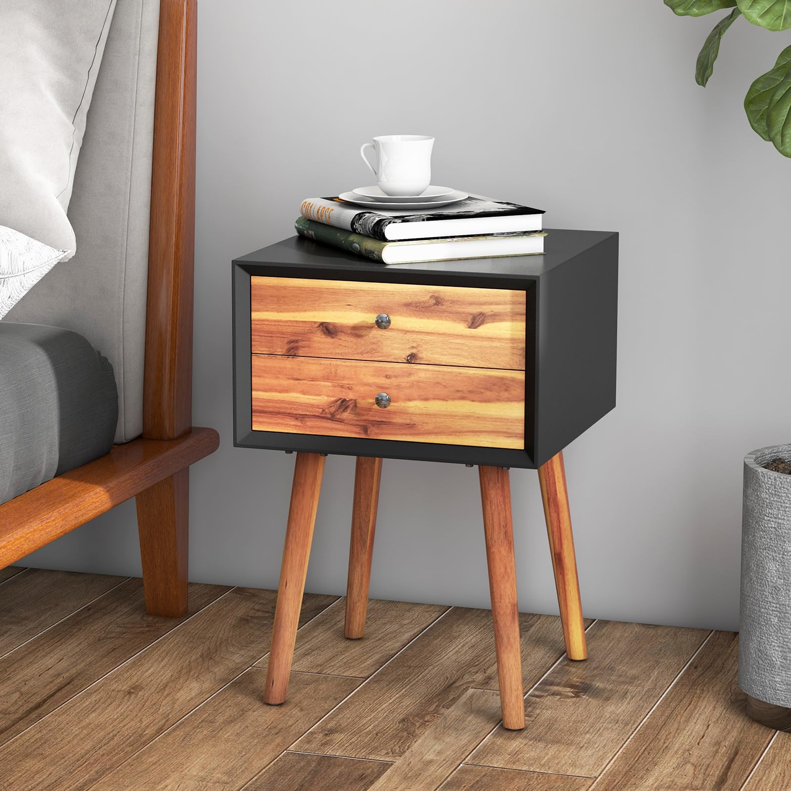 2-Drawer Nightstand, Mid-Century Modern Bed Side Table with Storage