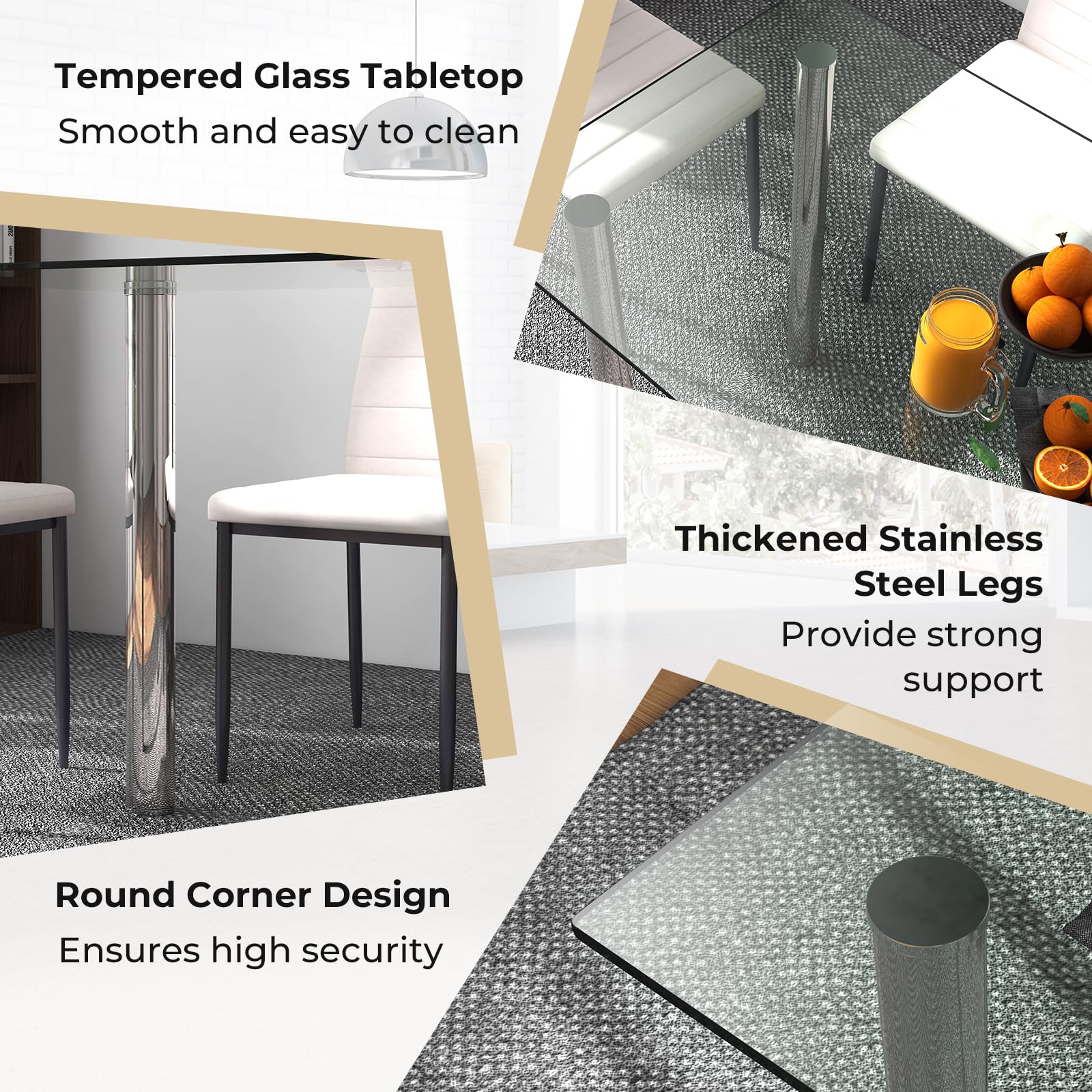 5 Piece Dining Table Sets, Modern Tempered Glass Top and PVC Leather Chair w/4 Chairs