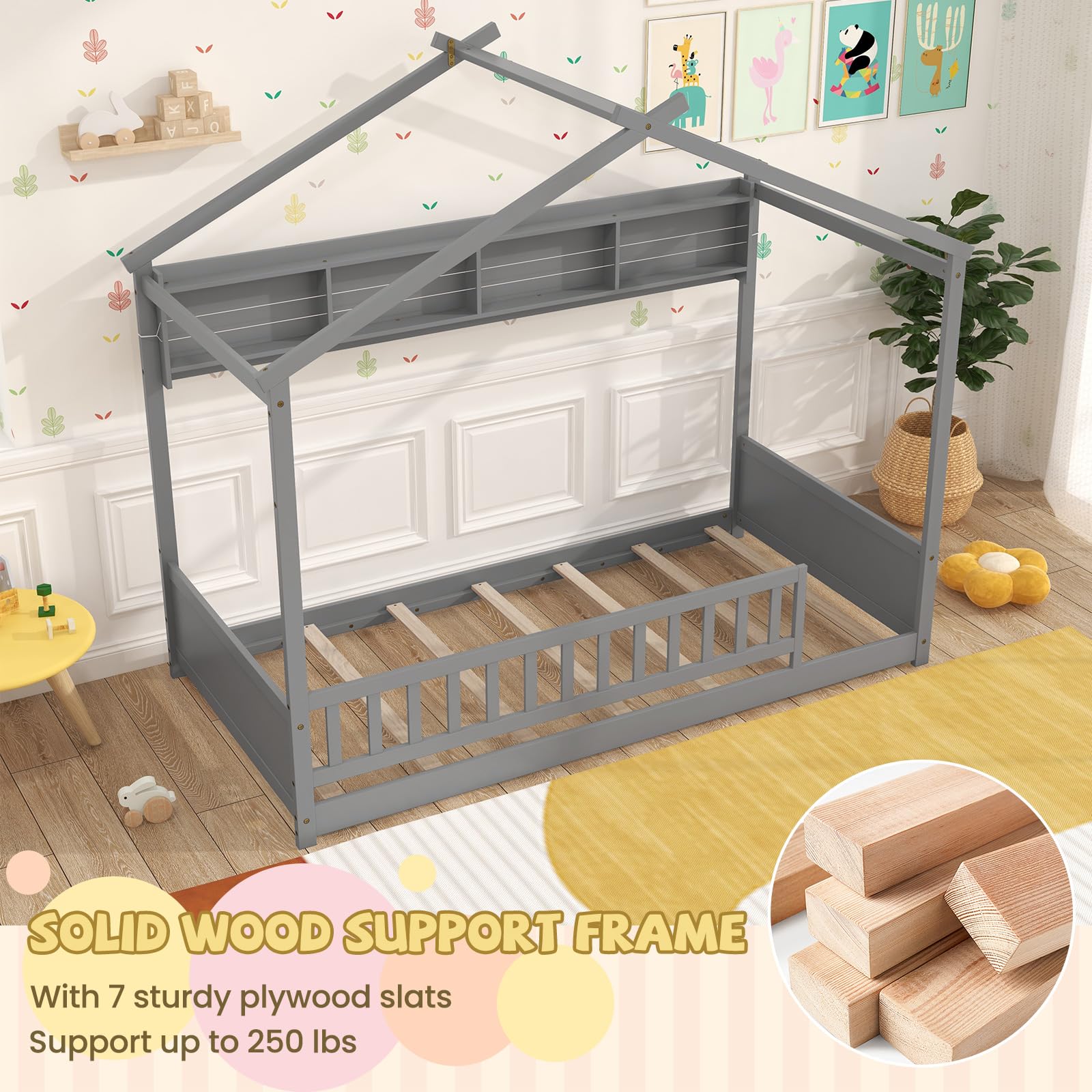 Twin Floor House Bed with Storage Shelf, Headboard & Guardrail