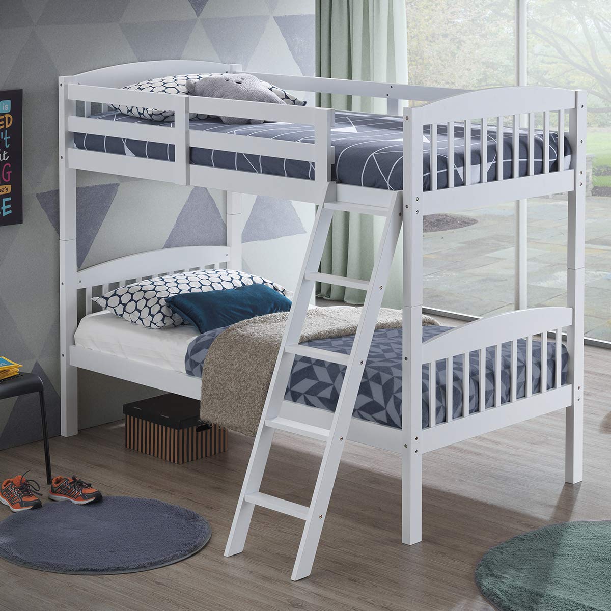 Twin Over Twin Bunk Beds, Convertible Into Two Individual Solid Rubberwood Beds
