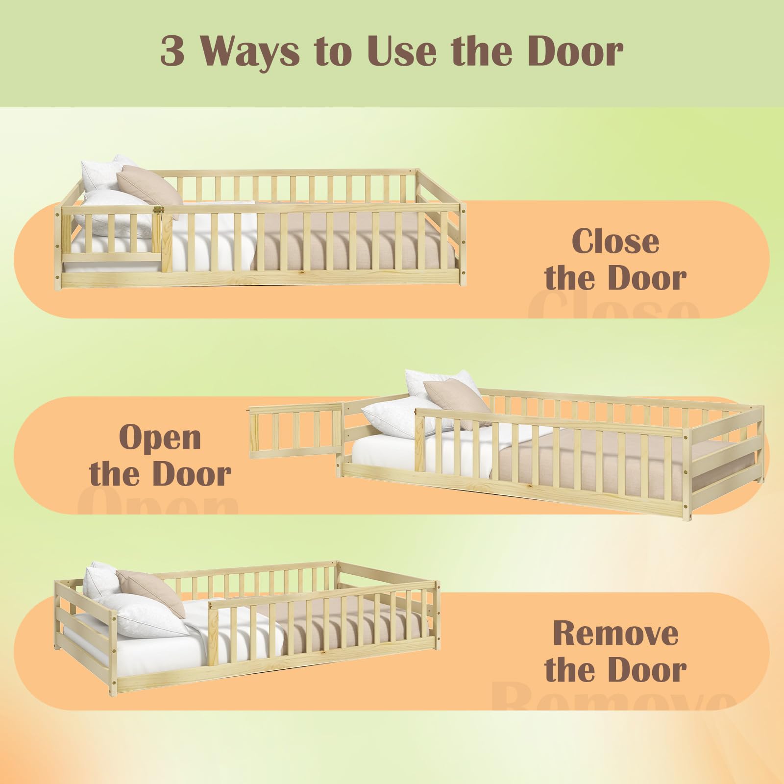 Twin Floor Bed with Door & Fence, Kids Wood Montessori Bed with Safety Guardrails