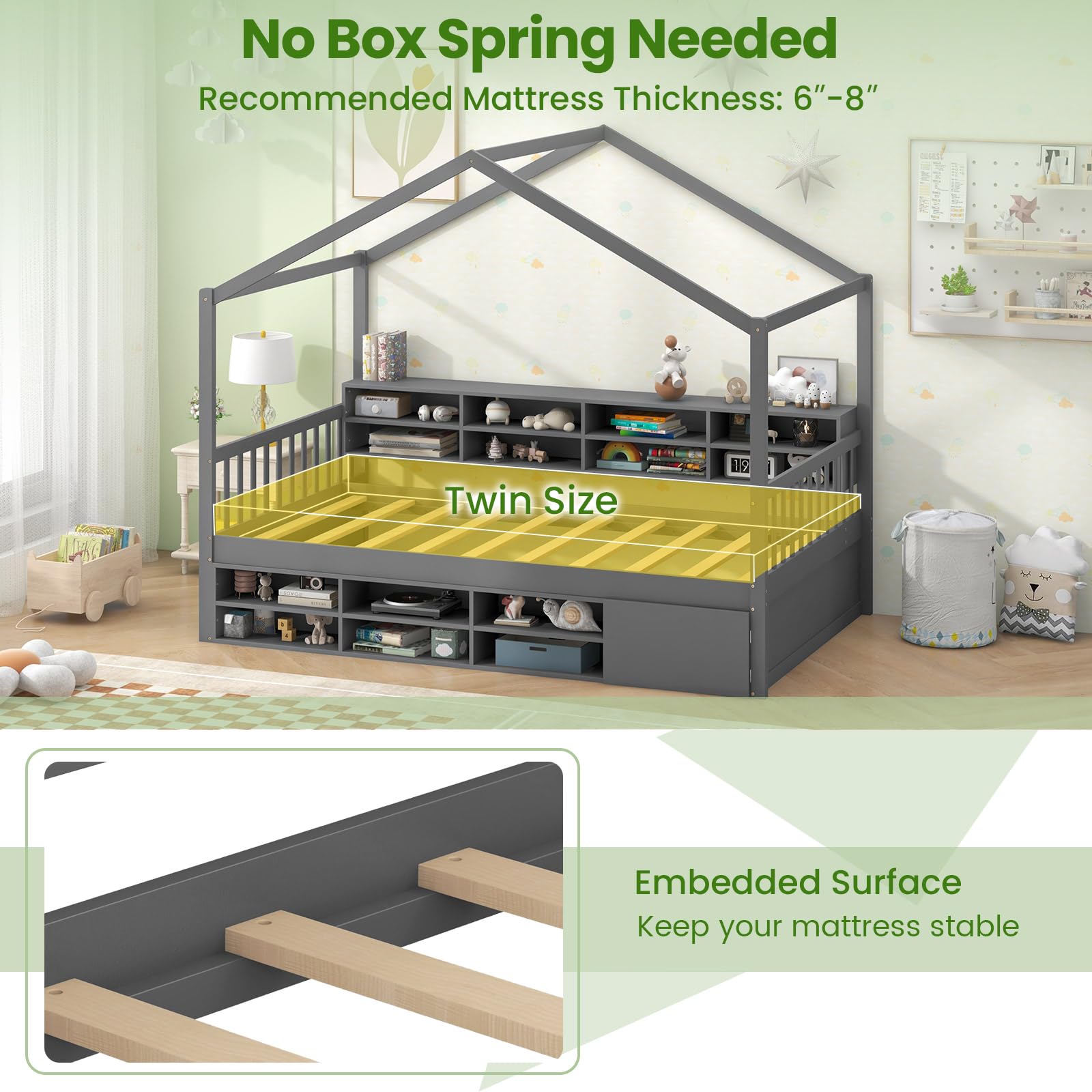 Twin Size House Bed with Storage, Wooden Montessori House Bed with 14 Storage Cubes, Enclosed Cabinet, Wood Slats & Fencing