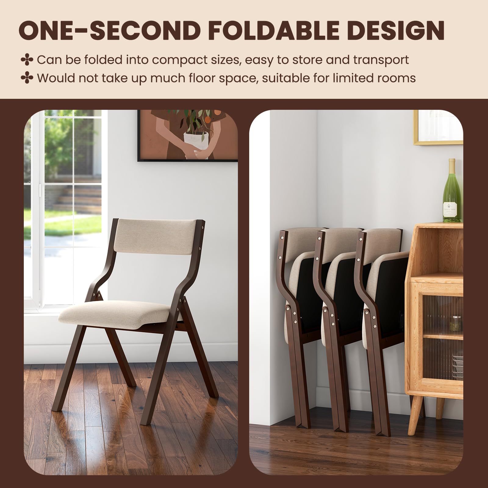Folding Dining Chairs Set of 2/4, Foldable Chairs with Padded Seat and Solid Wood Frame