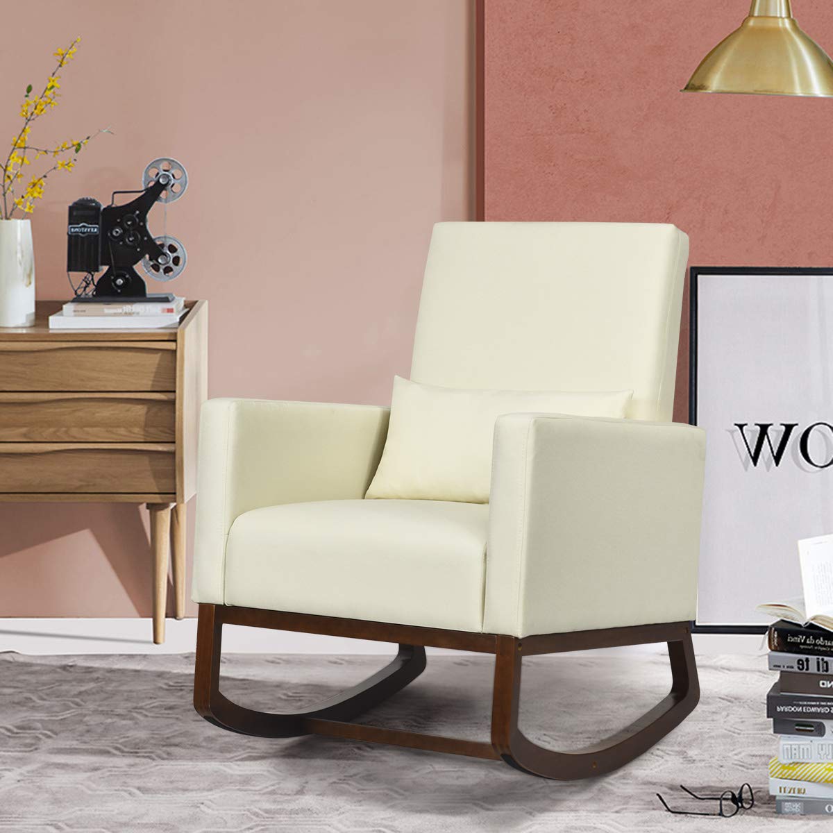 Upholstered Rocking Chair, Modern High Back Armchair, Comfortable Rocker with Fabric Padded Seat, Waist Pillow