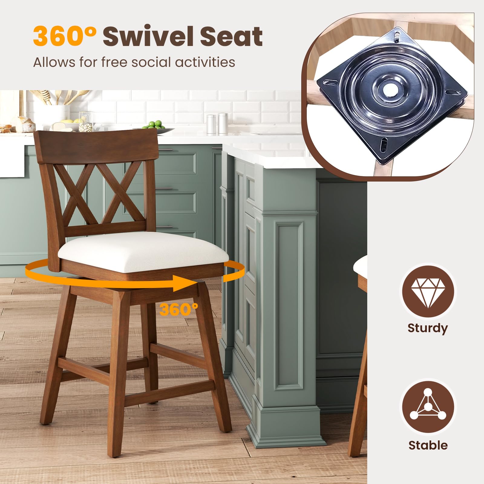 Swivel Counter Height Bar Stool with Contoured Backrest, Padded Seat & Rubber Wood Legs