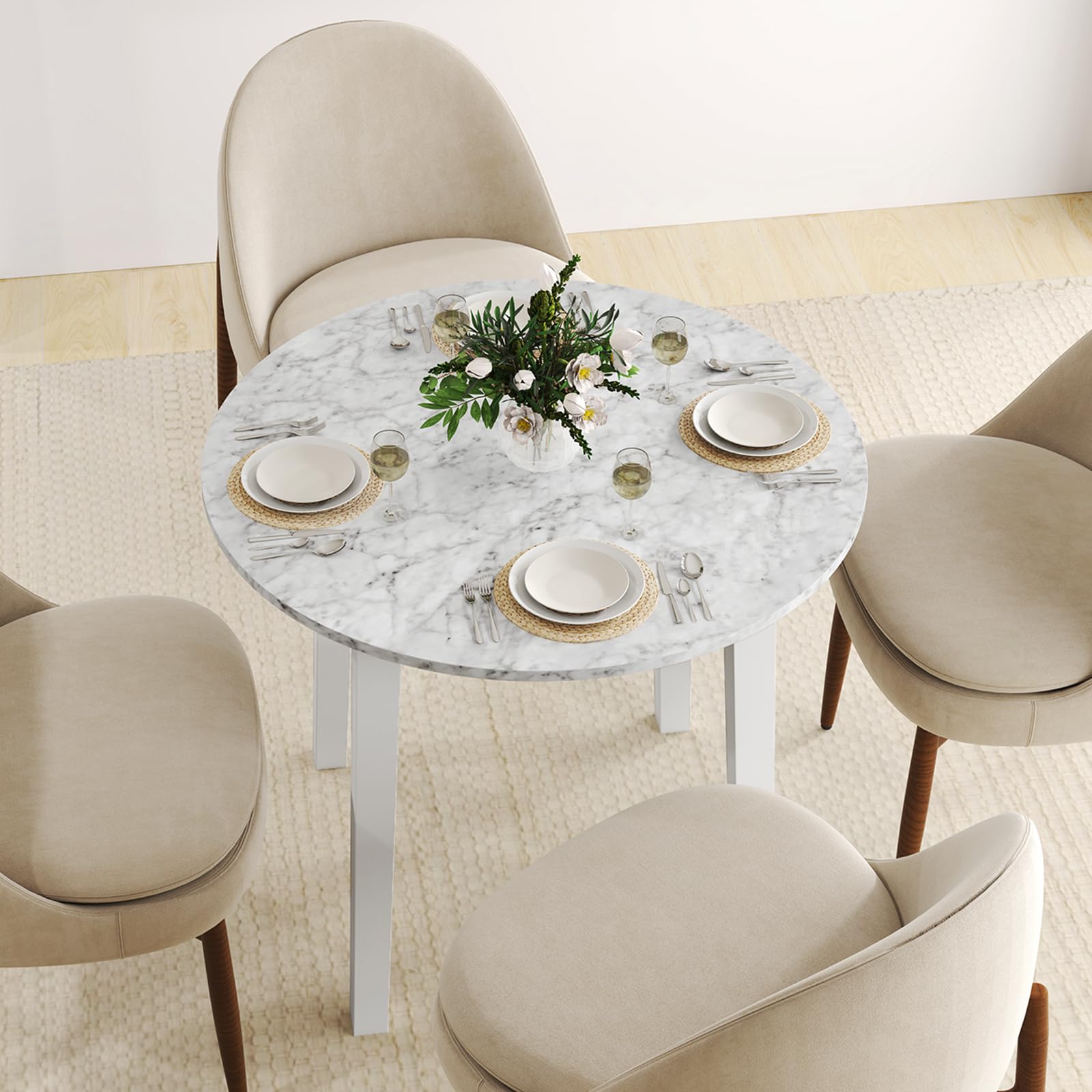 35&rdquo; Round Dining Table - Kitchen Table with Rubber Wood Legs, Marble-Textured Veneer Tabletop