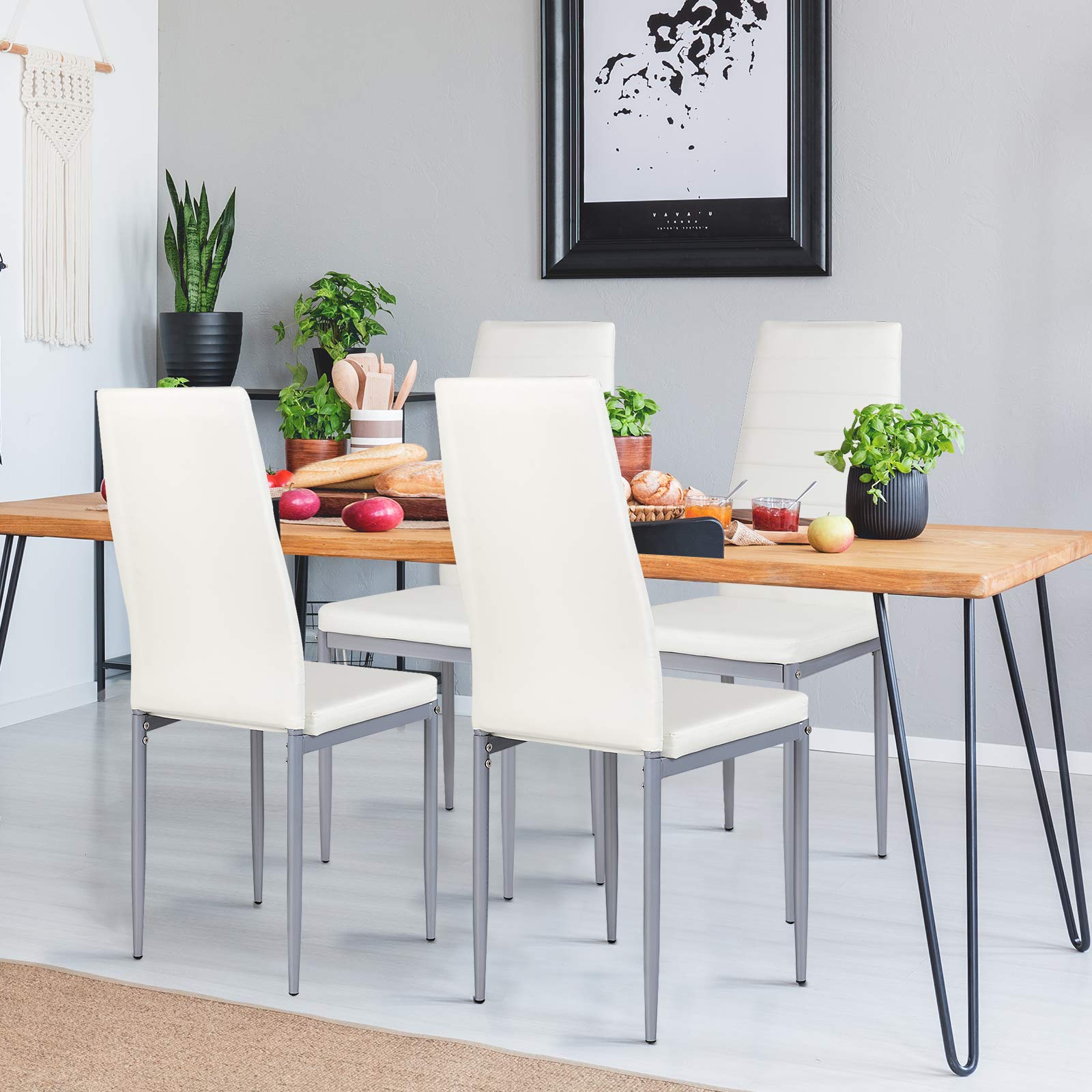 PU Leather Dining Chairs Set of 4, Upholstered Side Chairs w/Ergonomic High Backrest & Steel Frame