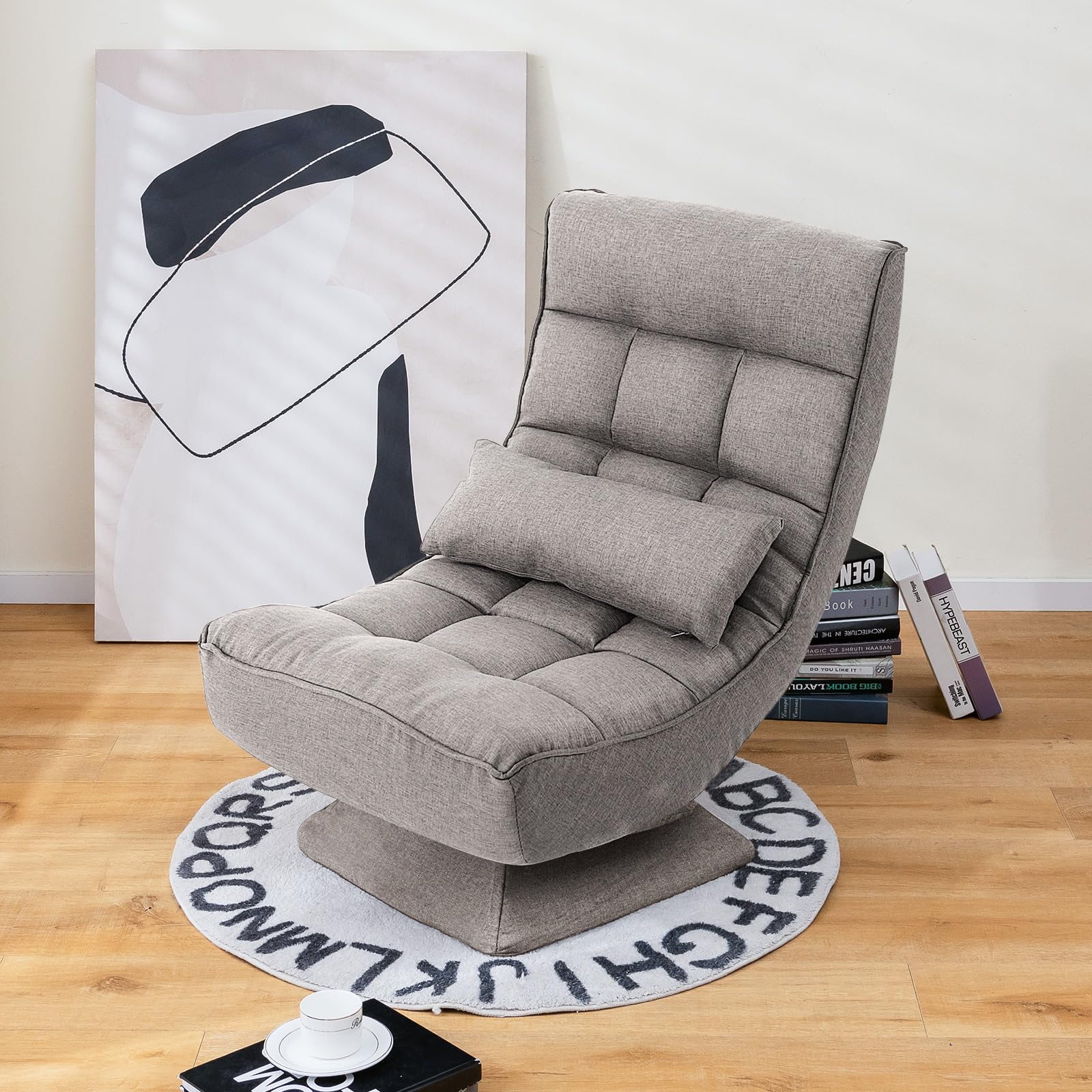 Adjustable Swivel Floor Chair, 5 Position Video Game Chair with Massage Lumbar Pillow, Swivel Base, Steel Frame