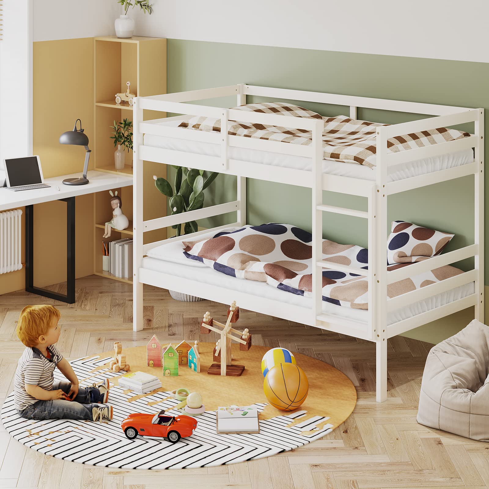 Twin Over Twin Wood Bunk Bed with Ladder & Safety Guardrail