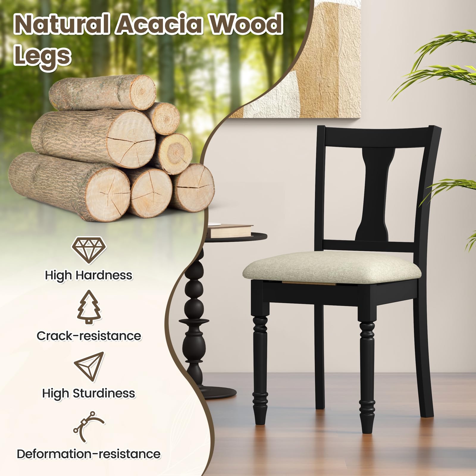 Wood Dining Chairs Set of 2/4 with Flip-up Storage Seat