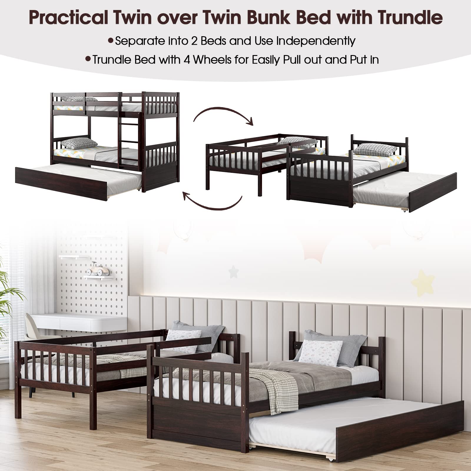 Twin Over Twin Wood Bunk Bed with Trundle, 2-in-1 Convertible Bunk Bed with Ladder & Solid Wood Frame