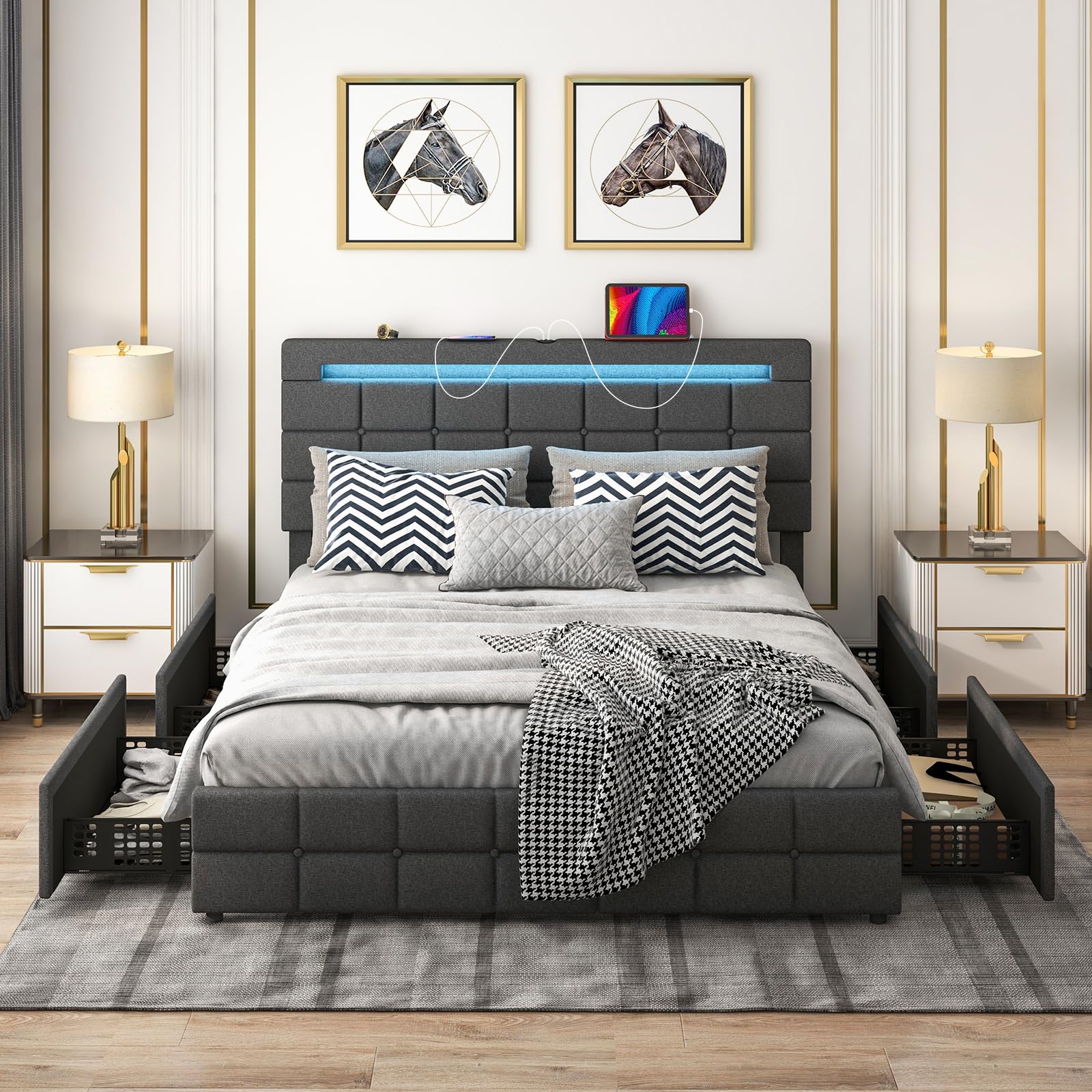 Upholstered Bed Frame with LED Lights and 4 Drawers, Height Adjustable Headboard with USB Ports