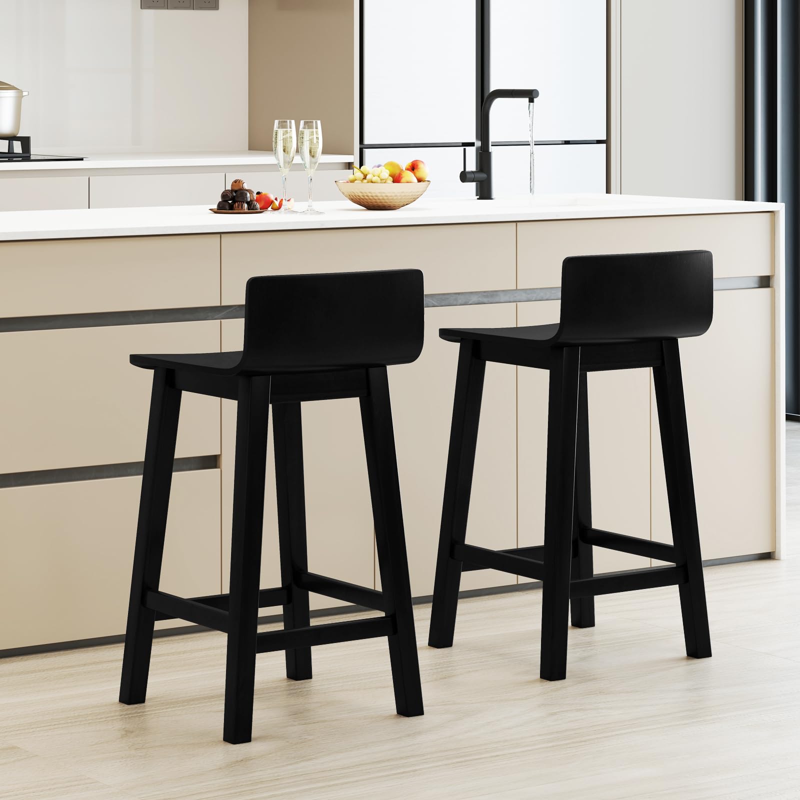 Solid Wood Bar Stools Set of 2/4, Counter Height Chairs with Low Back and Footrest