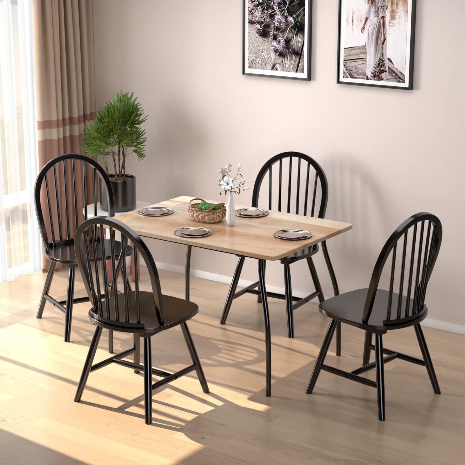 Set of 2/4 Wood Dining Chairs, French Country Armless Spindle Back Dining Chairs