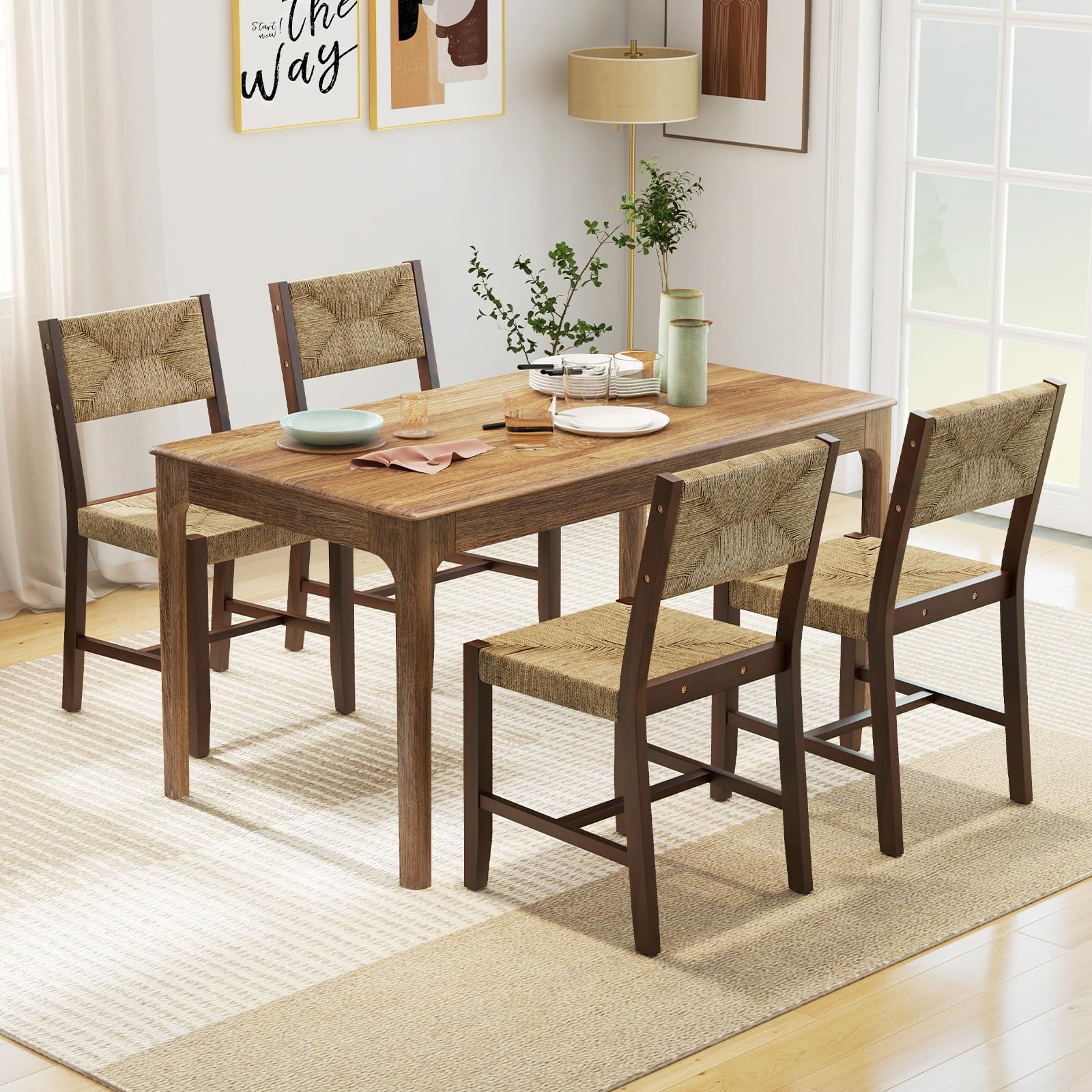 Rattan Dining Chairs Set of 2/4, Farmhouse Cane Side Chairs w/Woven Seaweed Backrest & Seat