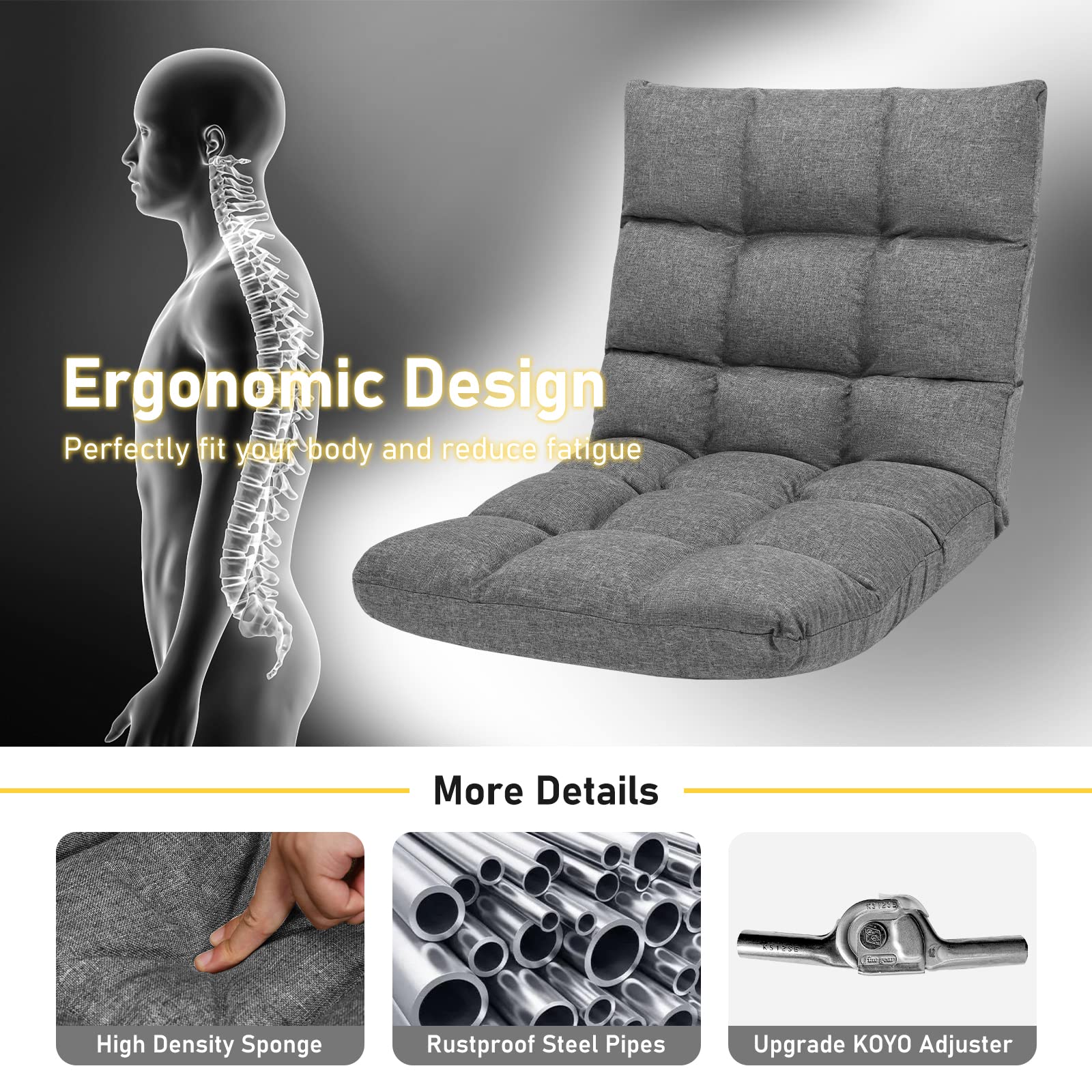 Folding Gaming Floor Chair，Adjustable 14-Position Floor Sofa with Back Support