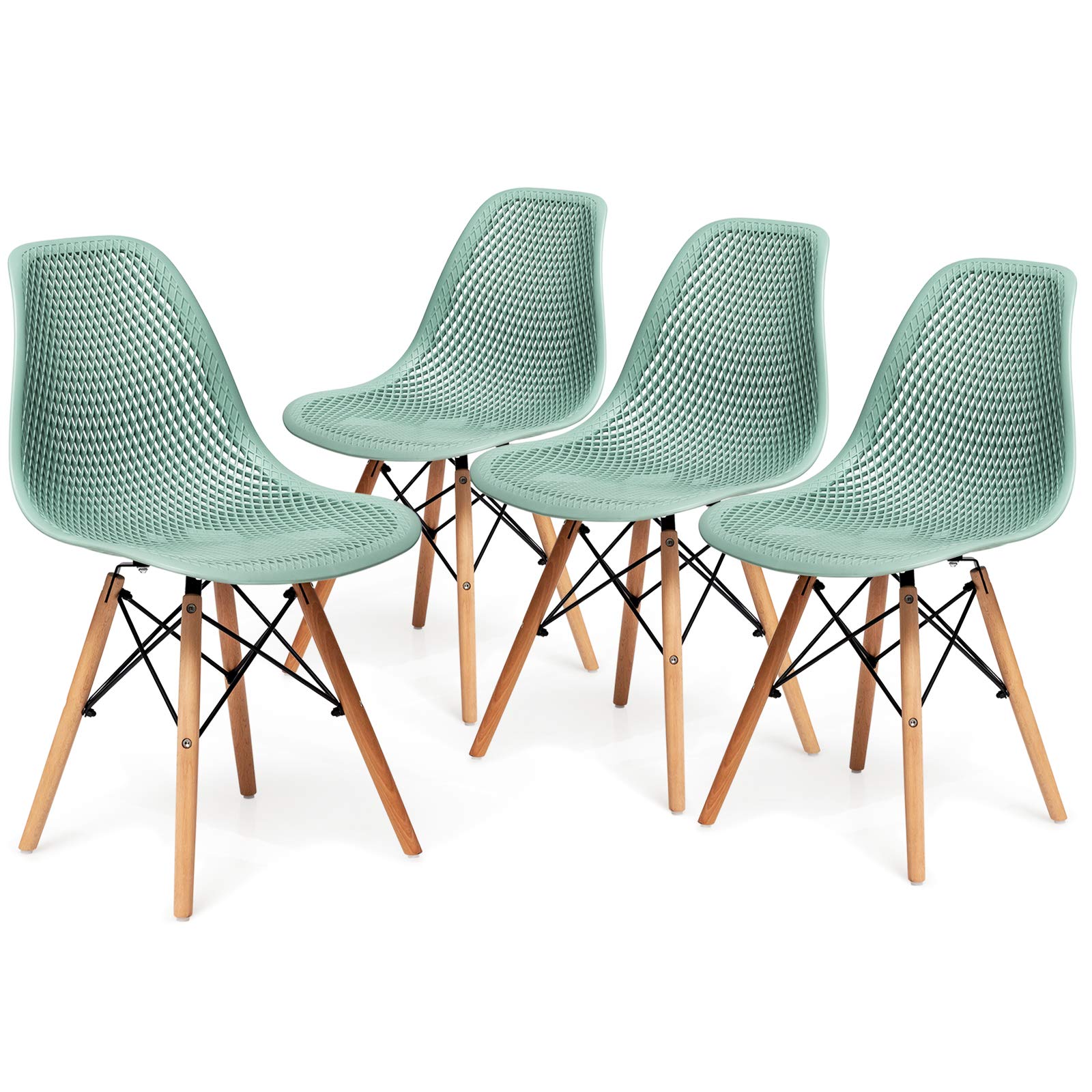 Set of 4 Modern Dining Chairs, Outdoor Indoor Shell PP Lounge Side Chairs with Mesh Design, Beech Wood Legs