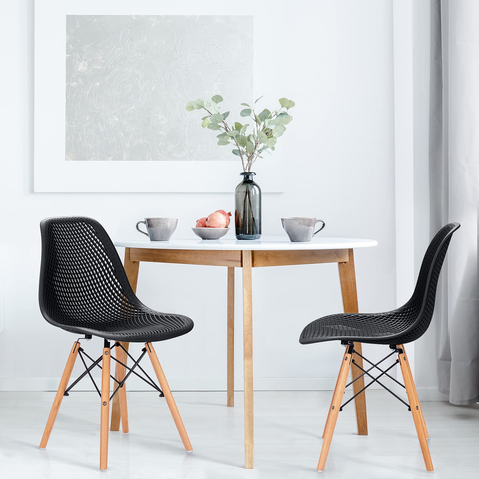 Set of 2/4 Modern Dining Chairs, Outdoor Indoor Shell PP Lounge Side Chairs with Mesh Design, Beech Wood Legs