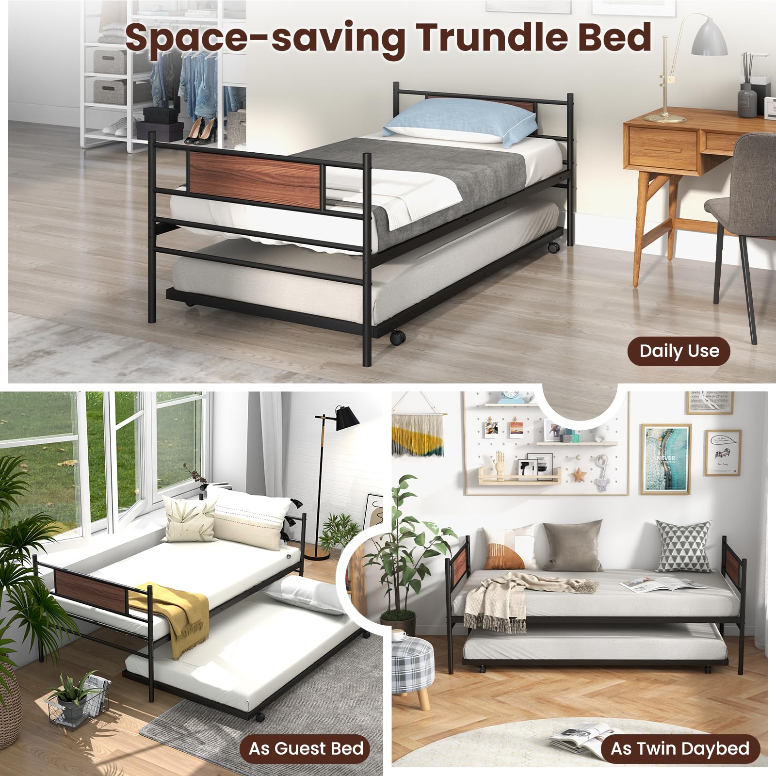 Twin Size Metal Daybed with  Trundle, Wood Grain Headboard & Metal Slat Support