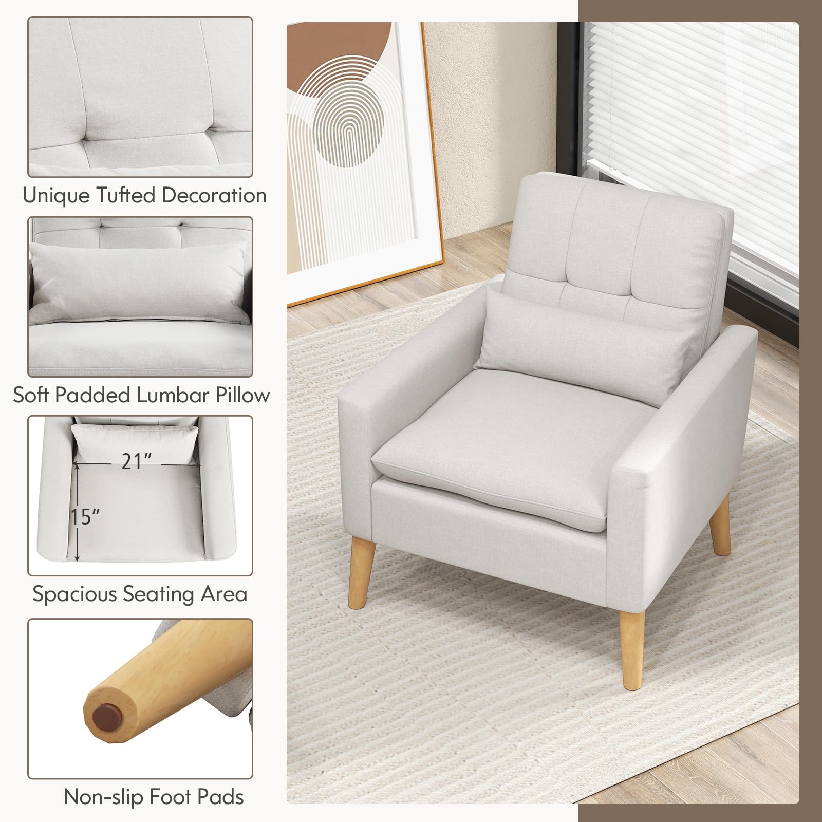 Modern Linen Accent Chair, Upholstered Tufted Armchair with Lumbar Pillow, Rubber Wood Legs, Padded Cushion