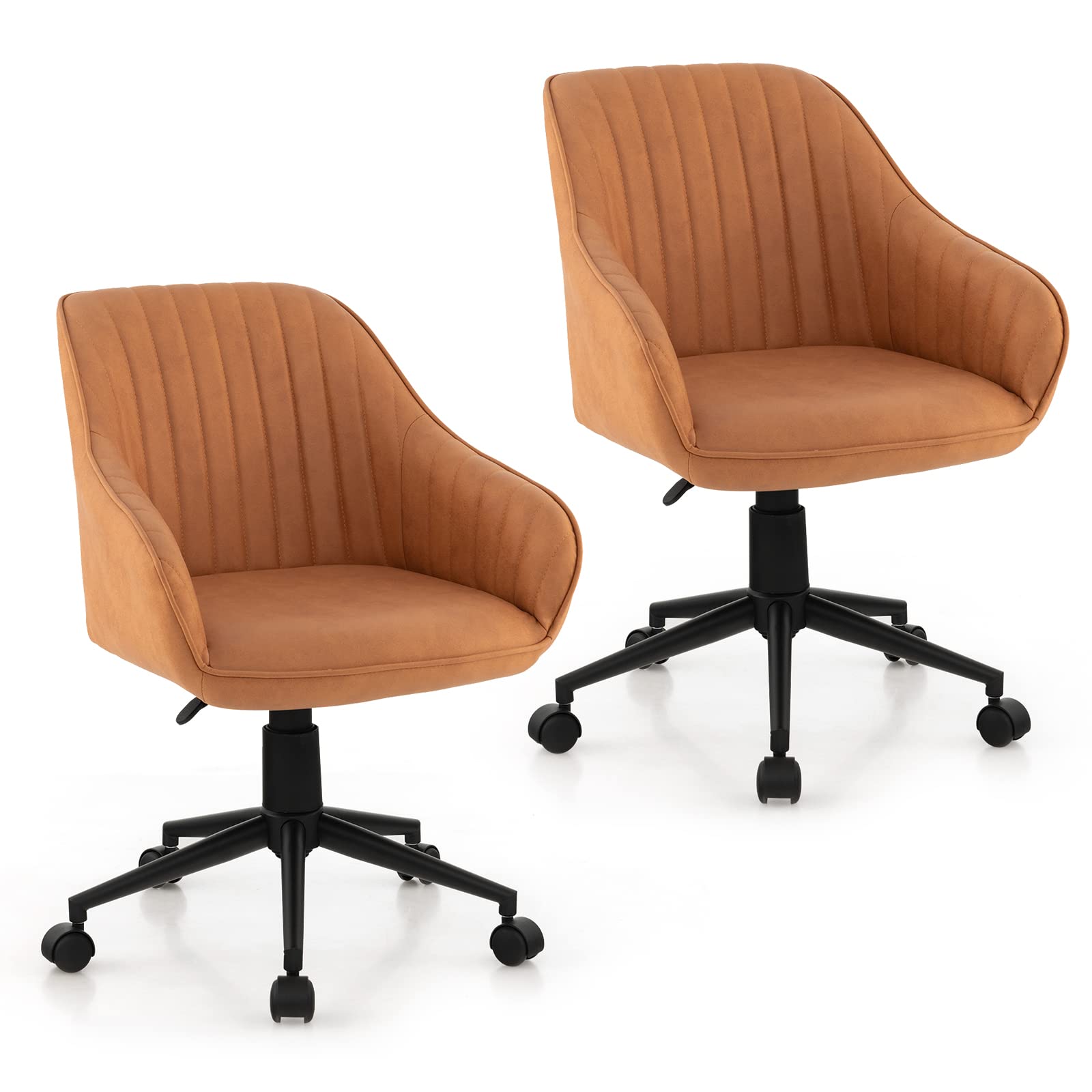 Leather Office Chair Brown, Mid Century Desk Chair with Wheels and Ergonomic Armrests
