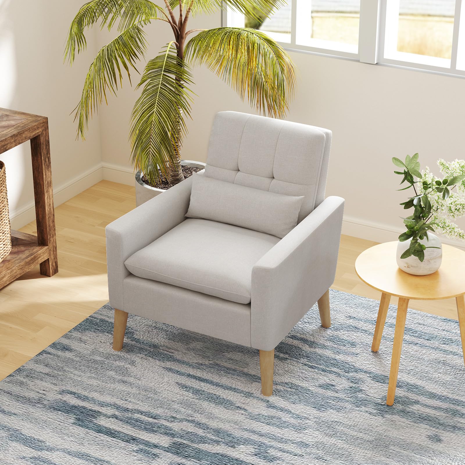 Modern Linen Accent Chair, Upholstered Tufted Armchair with Lumbar Pillow, Rubber Wood Legs, Padded Cushion