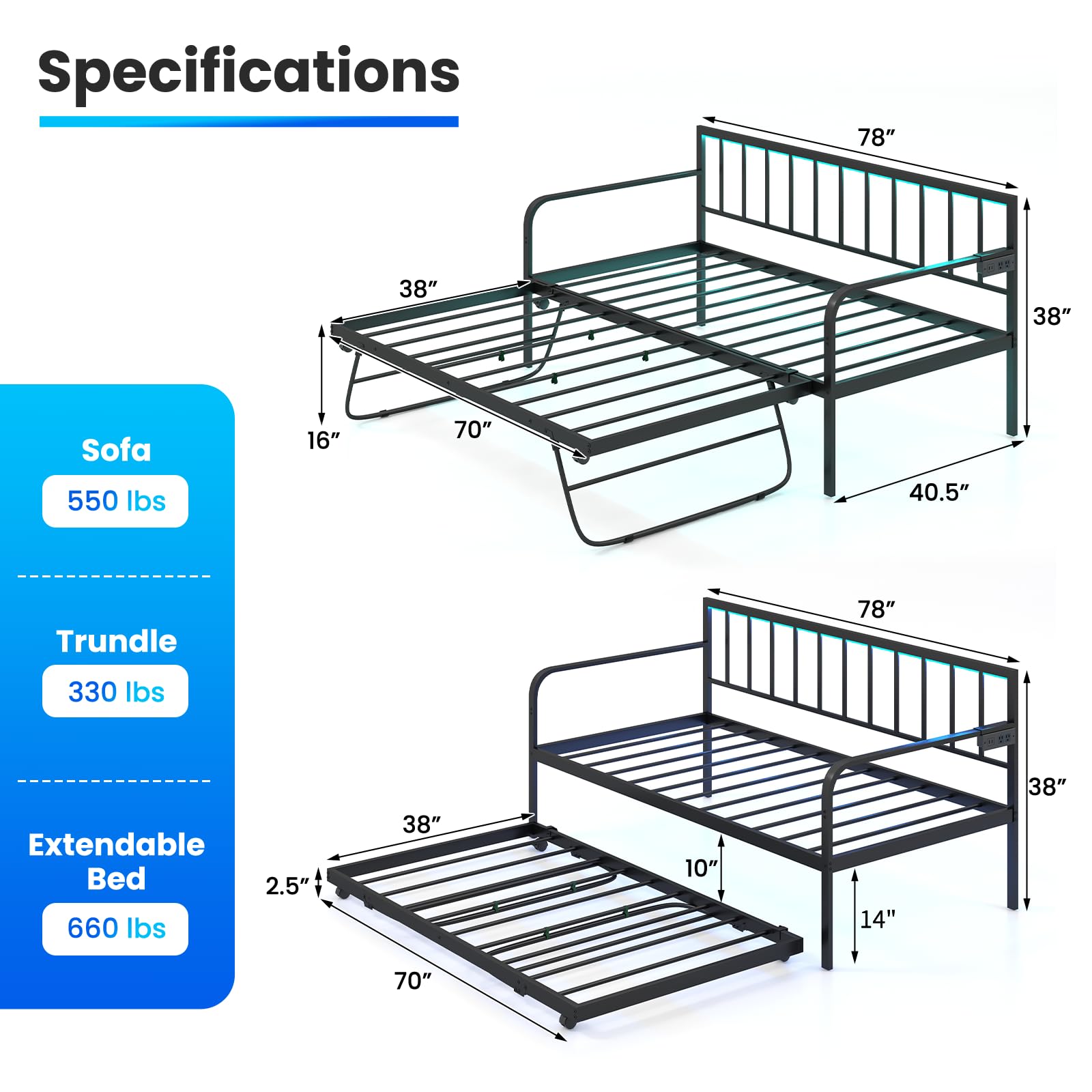 Twin Metal Daybed with Pop Up Trundle