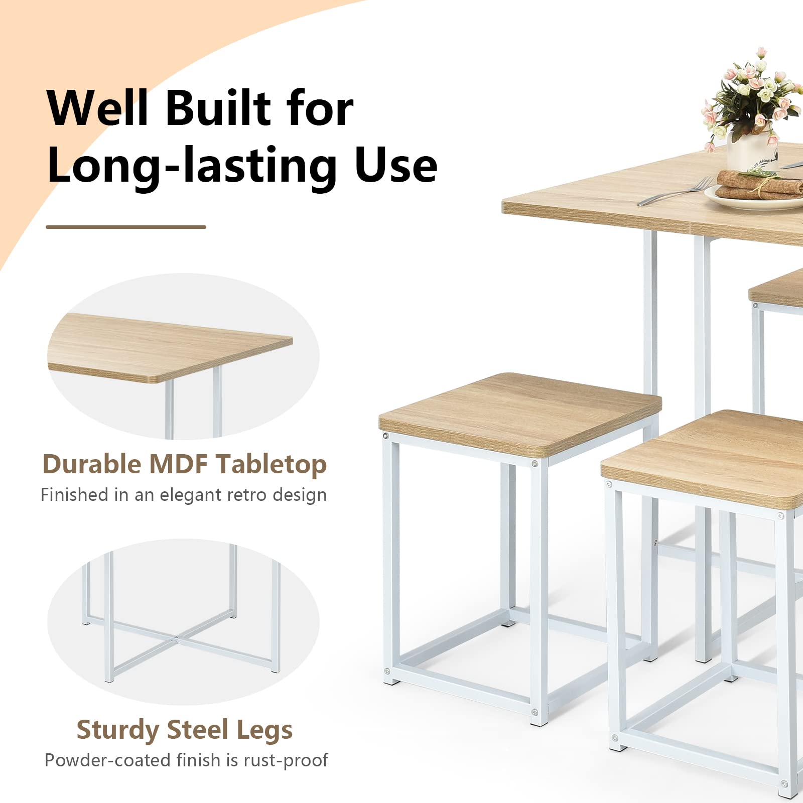 5 Piece Dining Table Set, Counter Kitchen Table and Chair Set for 4 Includes 1 Square Table and 4 Stools