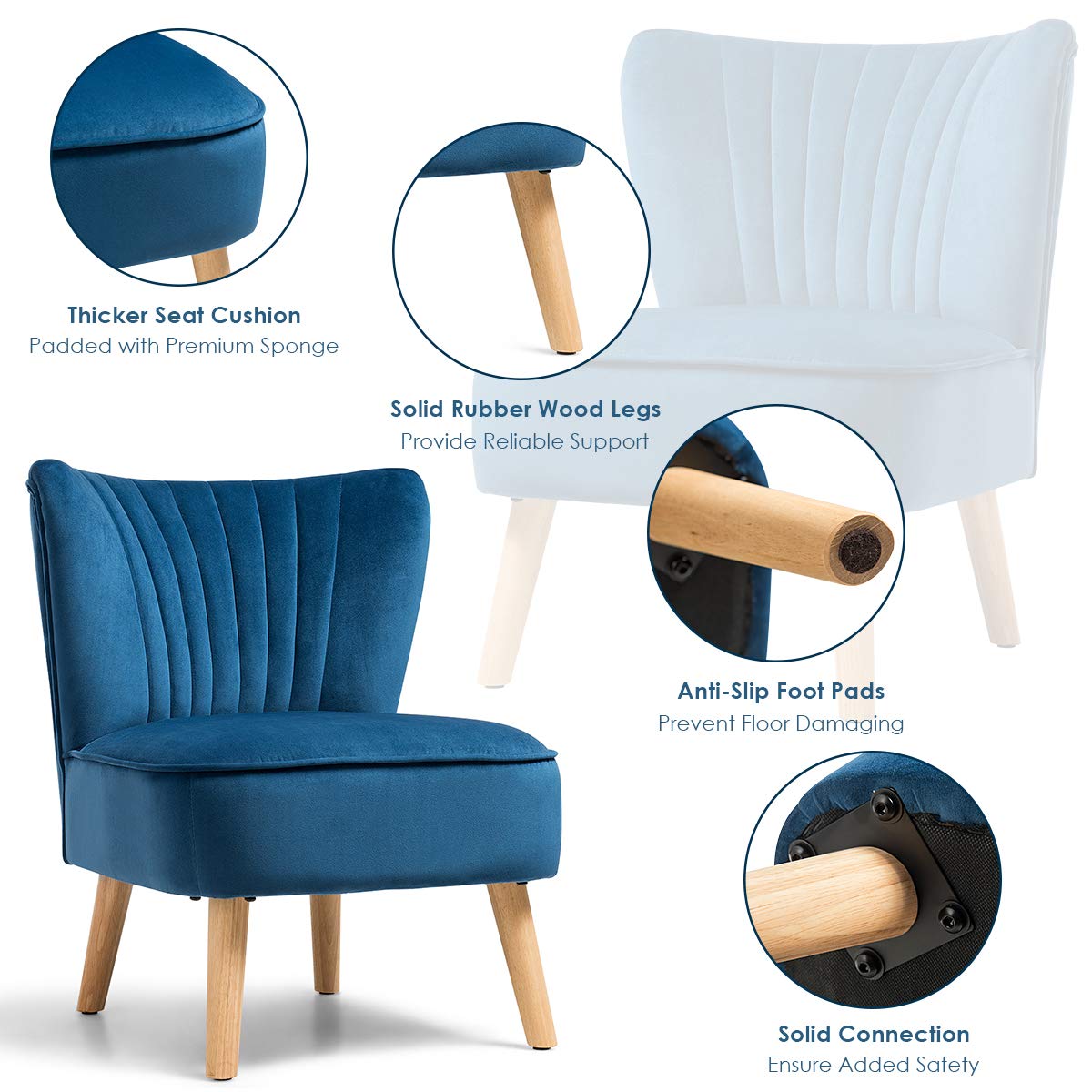 Velvet Accent Chair, Upholstered Modern Sofa Chair with Wood Legs & Thickly Padded