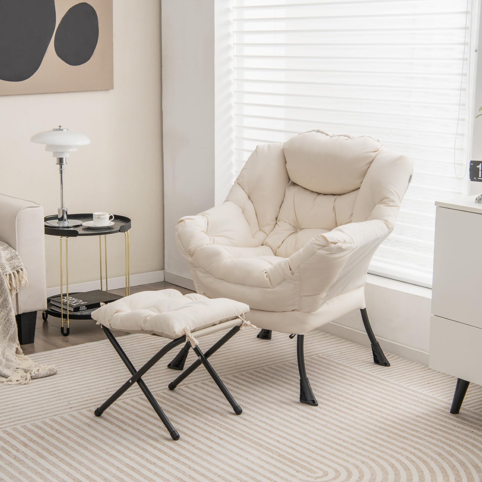 Lazy Sofa Chair with Ottoman, Upholstered Leisure Lounge Armchair with Folding Footrest, Side Storage Pocket