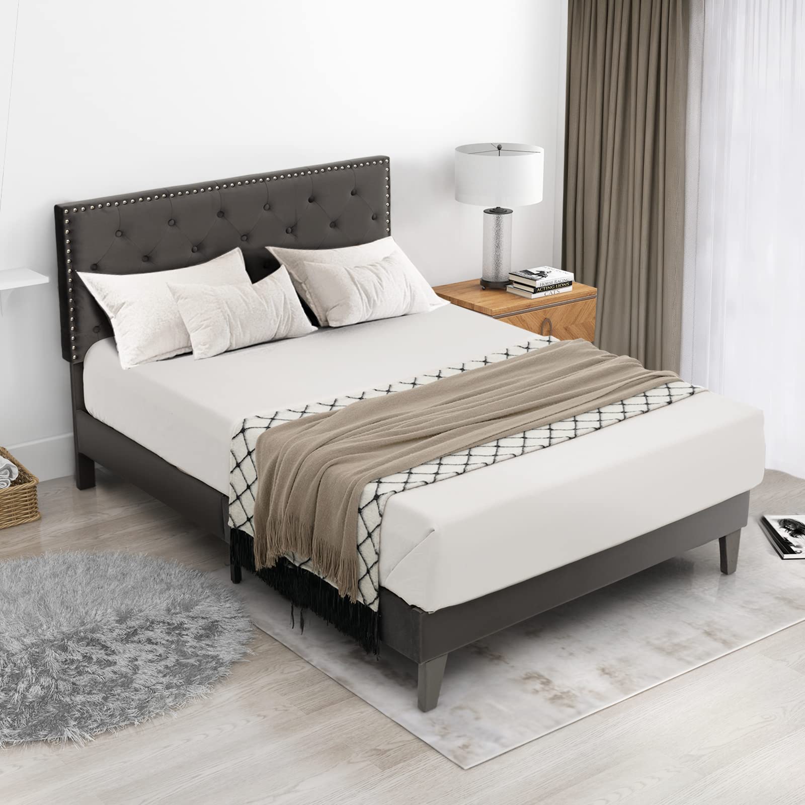 Full/Queen Size Upholstered Bed Frame with Tufted Headboard & Soft-padded Footboard