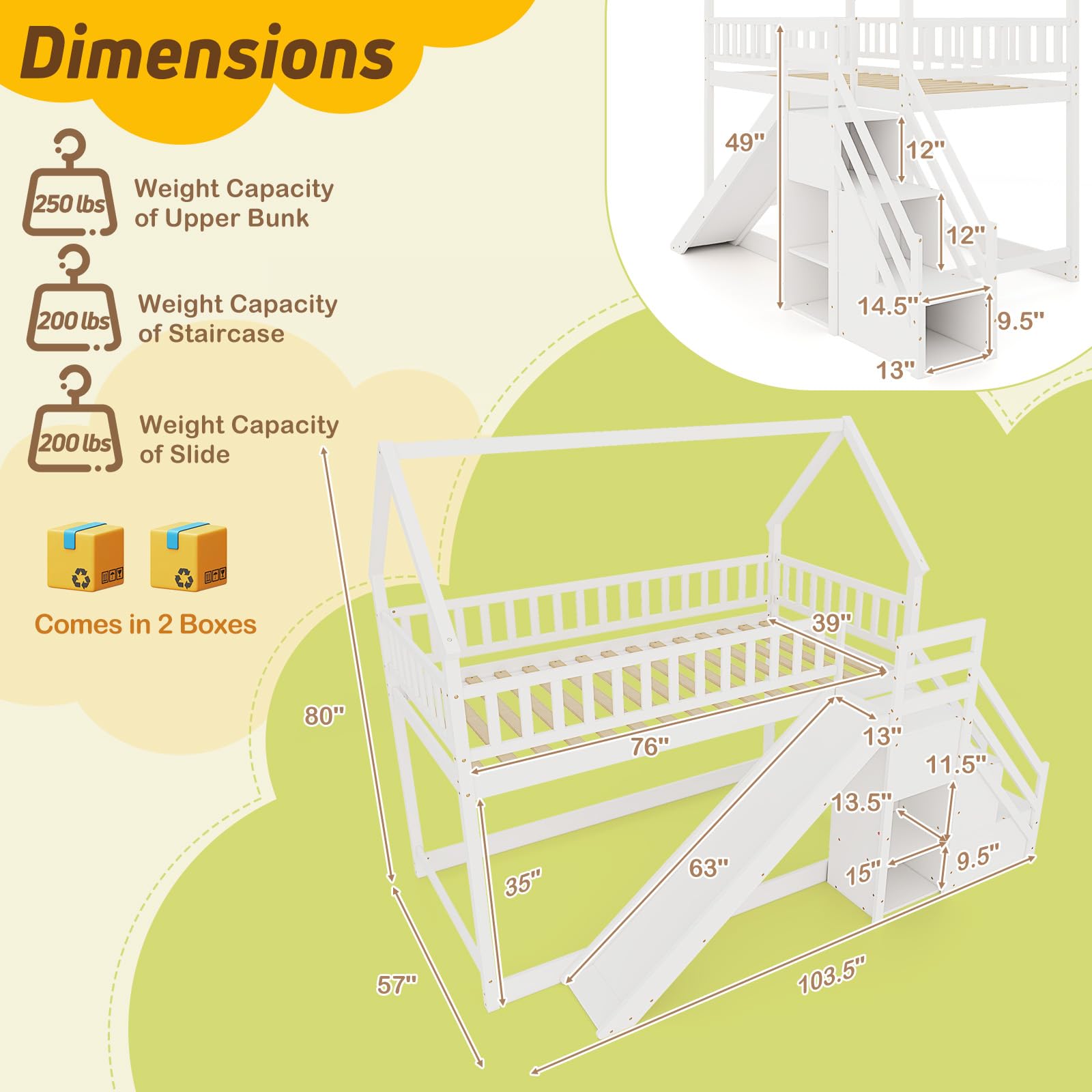 Twin Over Twin  Wood House Bunk Bed with Slide & Stairs, Storage Shelves