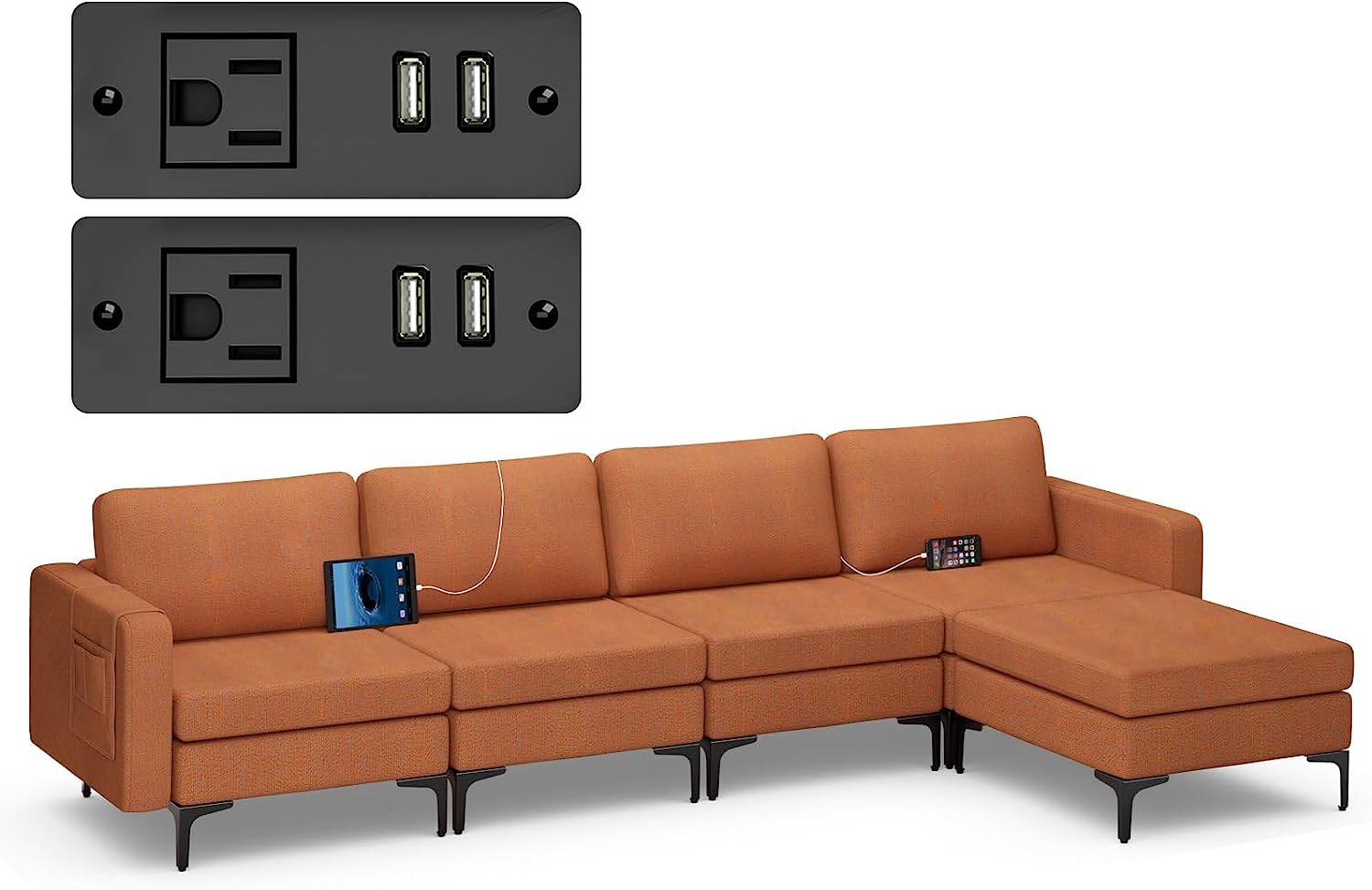 4 Seat Convertible L-Shaped Sofa Couch, 123 Inch Sectional Sleeper with 2 USB Ports Socket