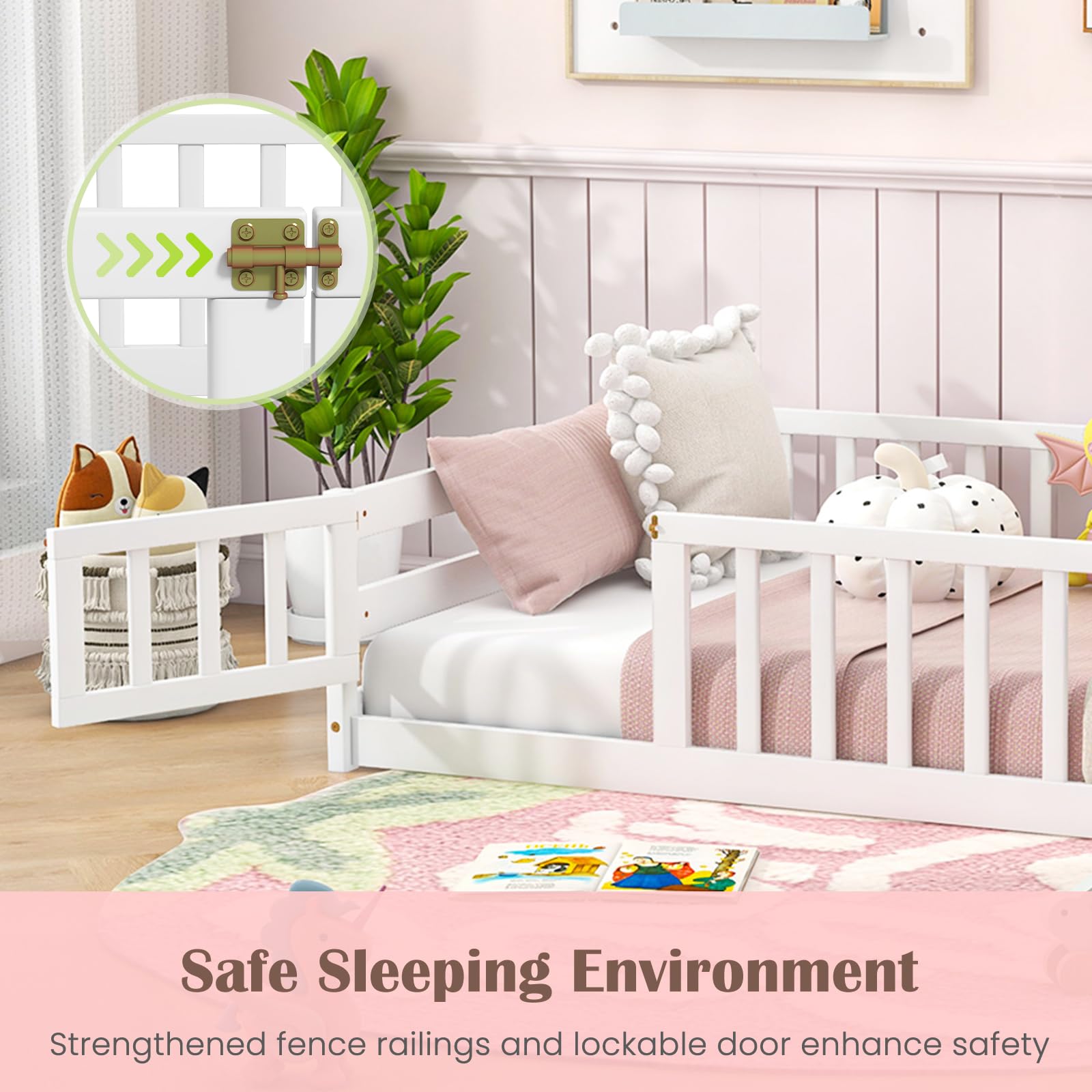 Twin Floor Bed with Door & Fence, Kids Wood Montessori Bed with Safety Guardrails
