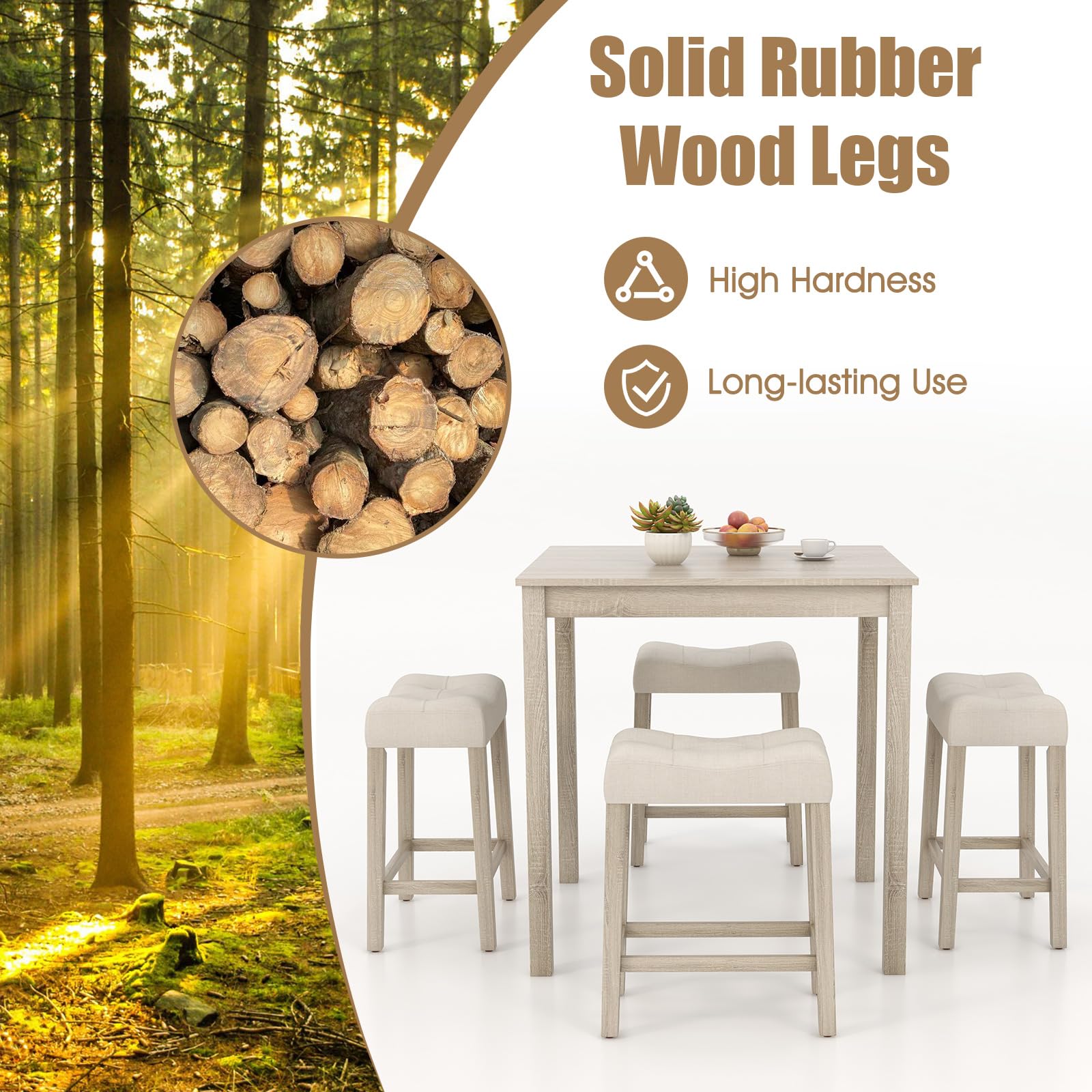 5-Piece Bar Table Set, Square Breakfast Set for 4 w/Padded Stools