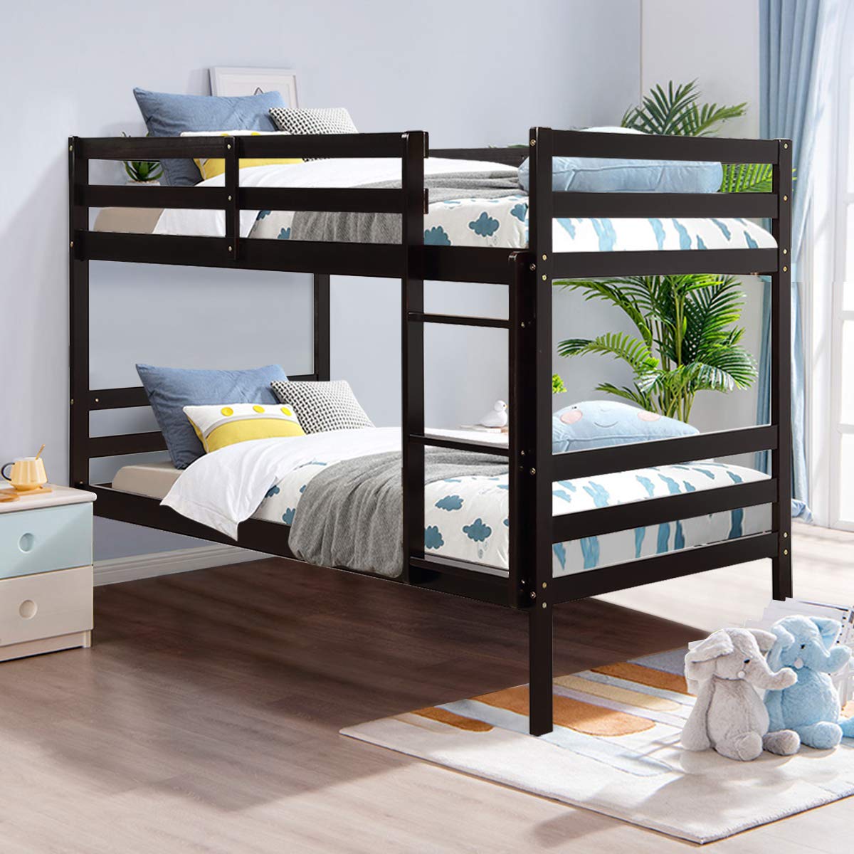 Twin Over Twin Wood Bunk Bed with Ladder & Safety Guardrail