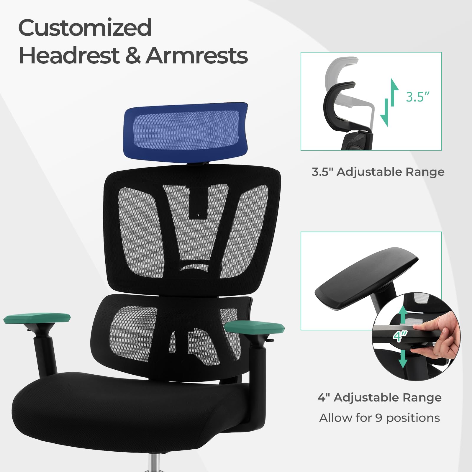 Ergonomic Office Chair - Mesh Desk Chair with Adjustable Lumbar Support, Headrest & Armrests